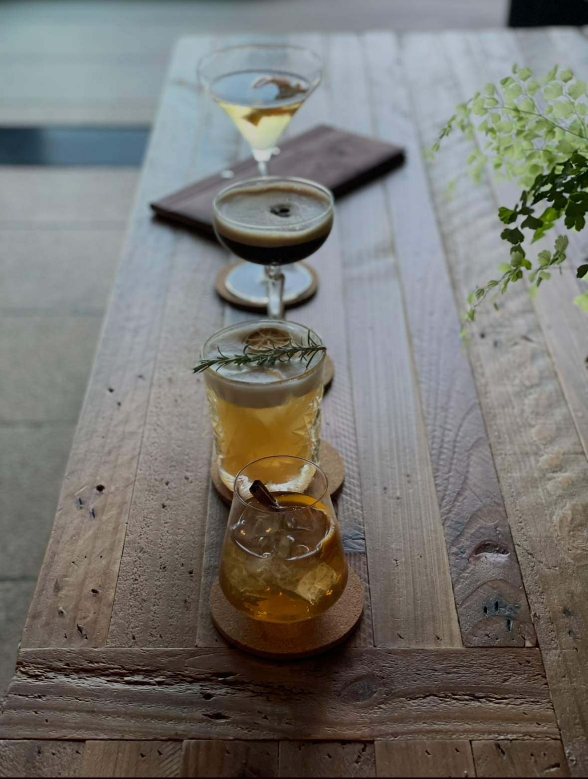 Four different cocktails on a rustic wooden table with a plant on the side.