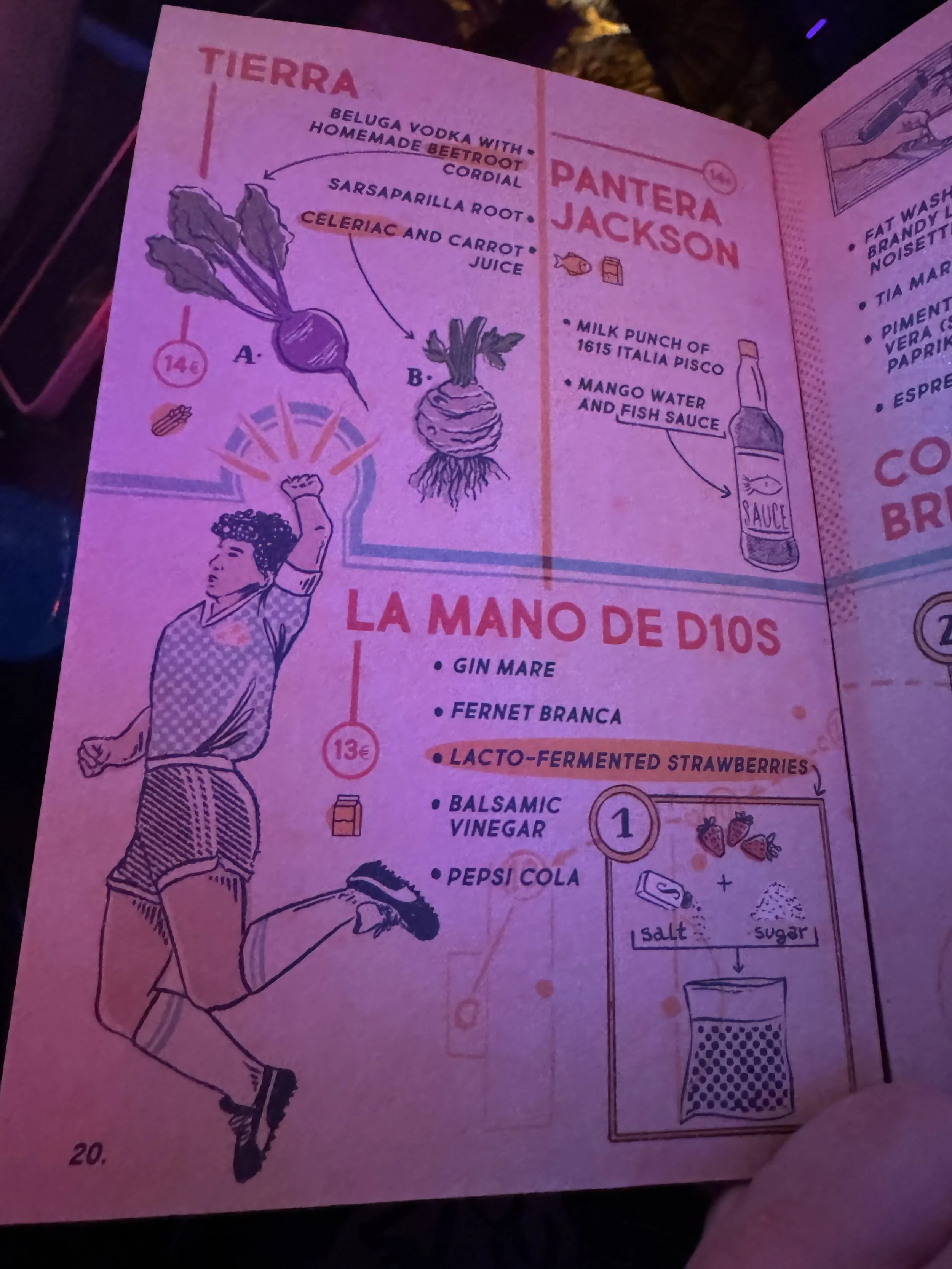 Illustrated cocktail menu at Salmon Guru Madrid featuring creative drink ingredients