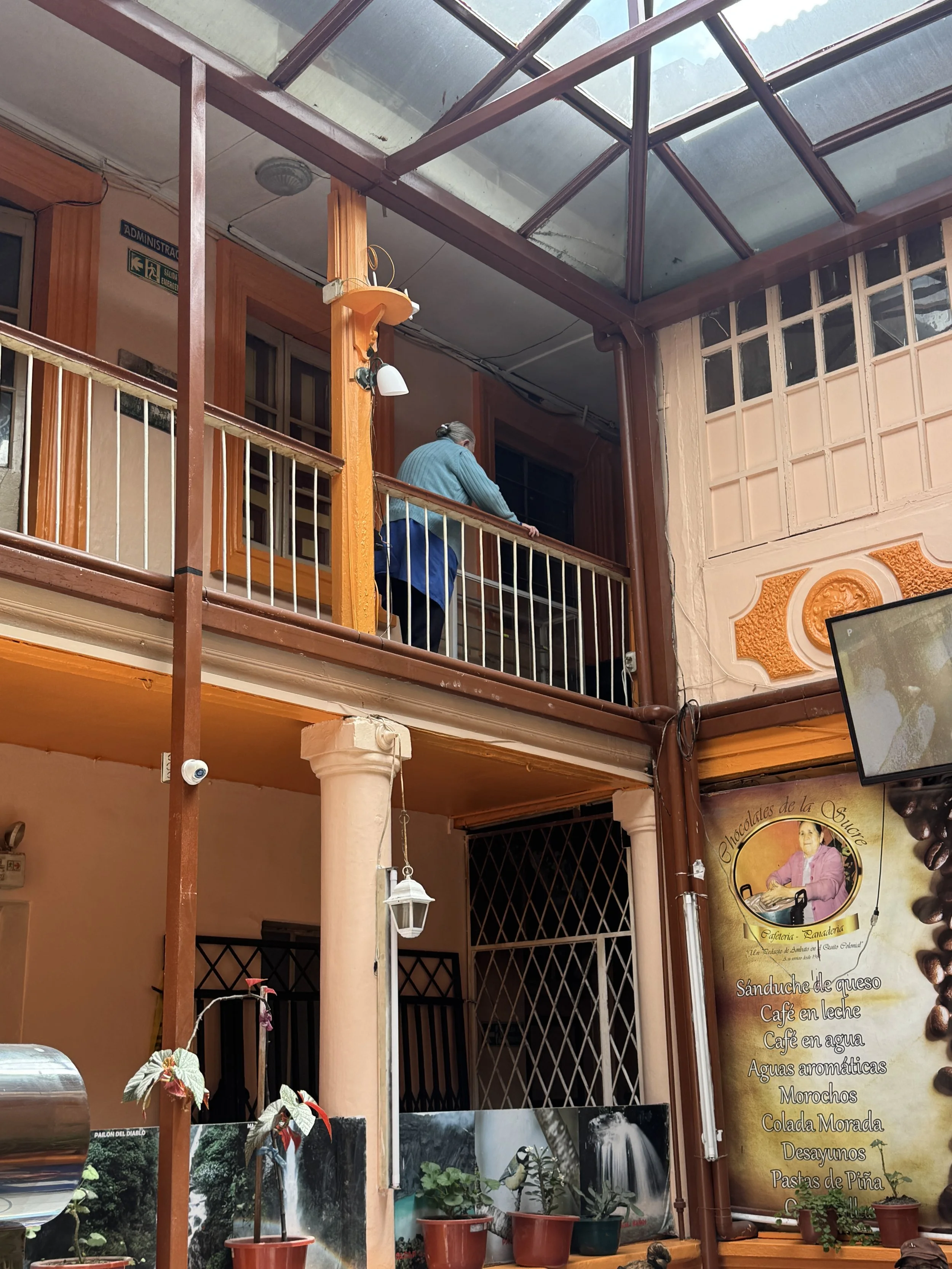 Historic interior courtyard at Chocolate de la Abuela in Quito