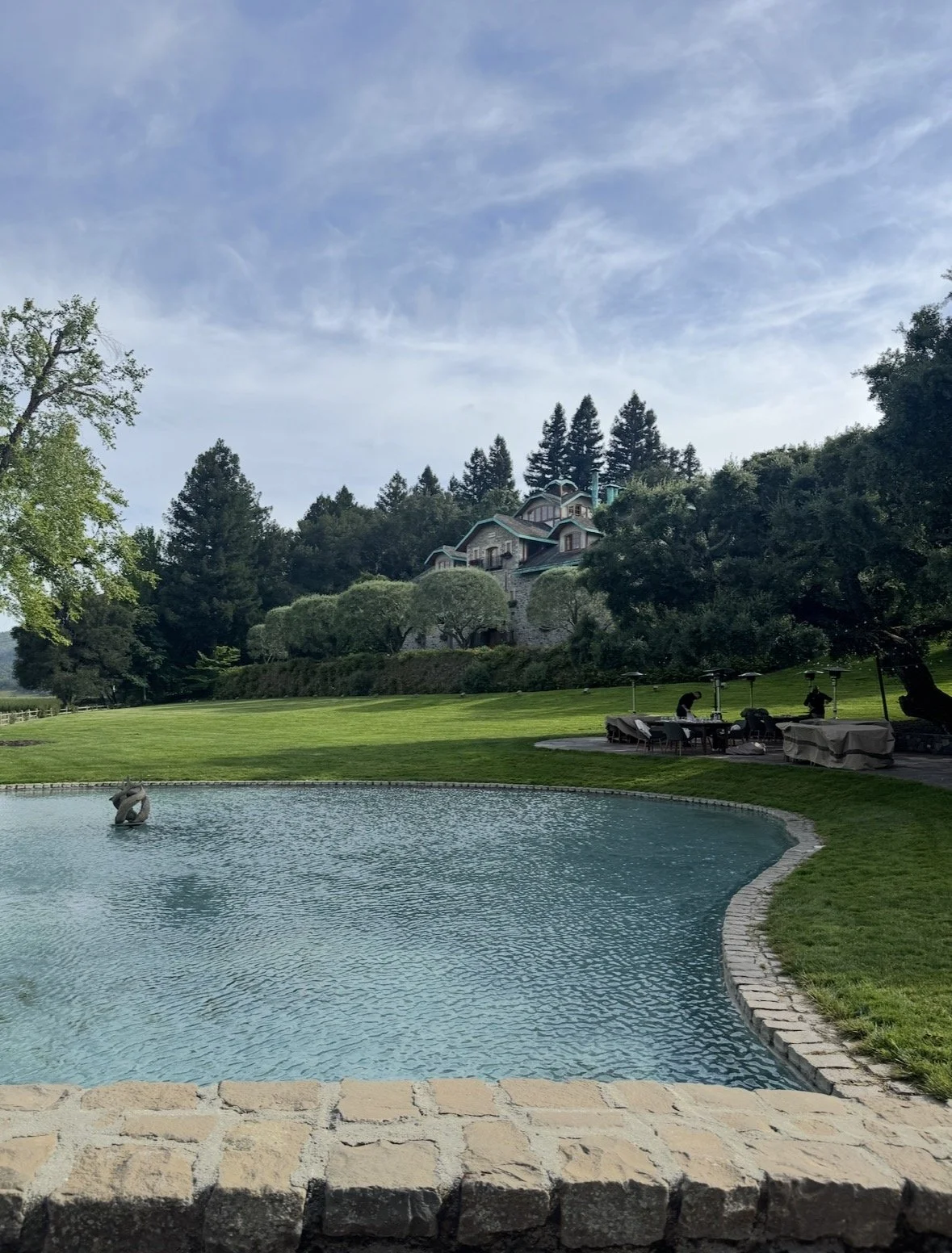 Far Niente estate overlooking the gardens and pond in Oakville, Napa Valley