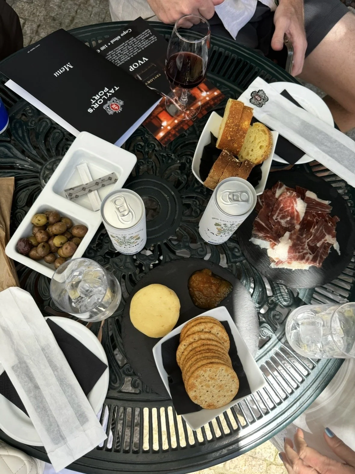 Outdoor port wine tasting with snacks at Taylor's Lodge in Porto