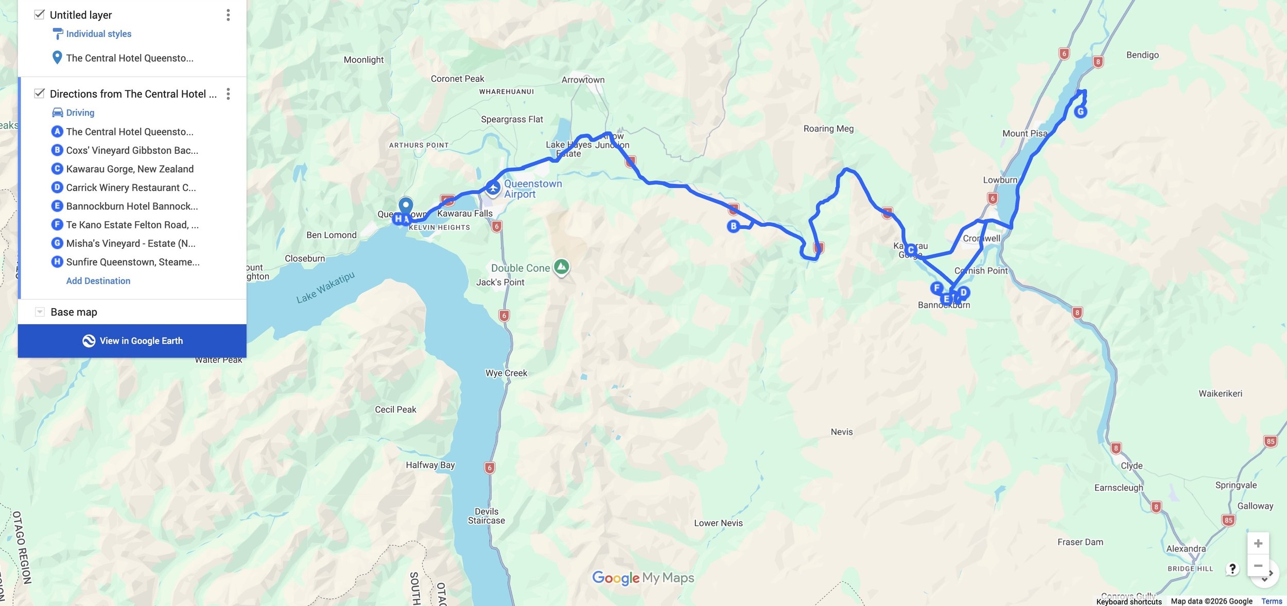 Queenstown to Central Otago wine route through Gibbston, Bannockburn and Cromwell