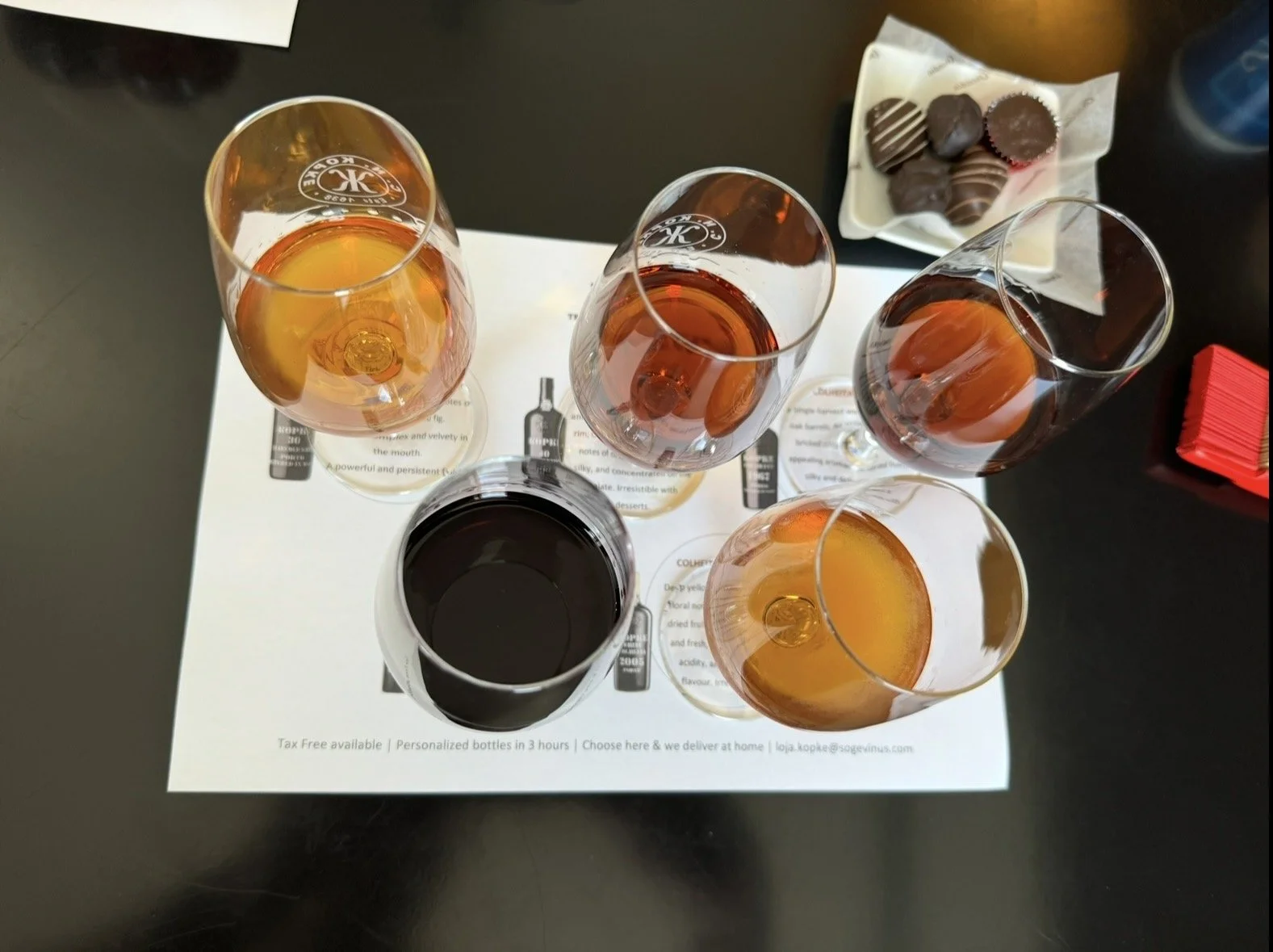 Port wine flight tasting at Kopke Porto with chocolate pairing