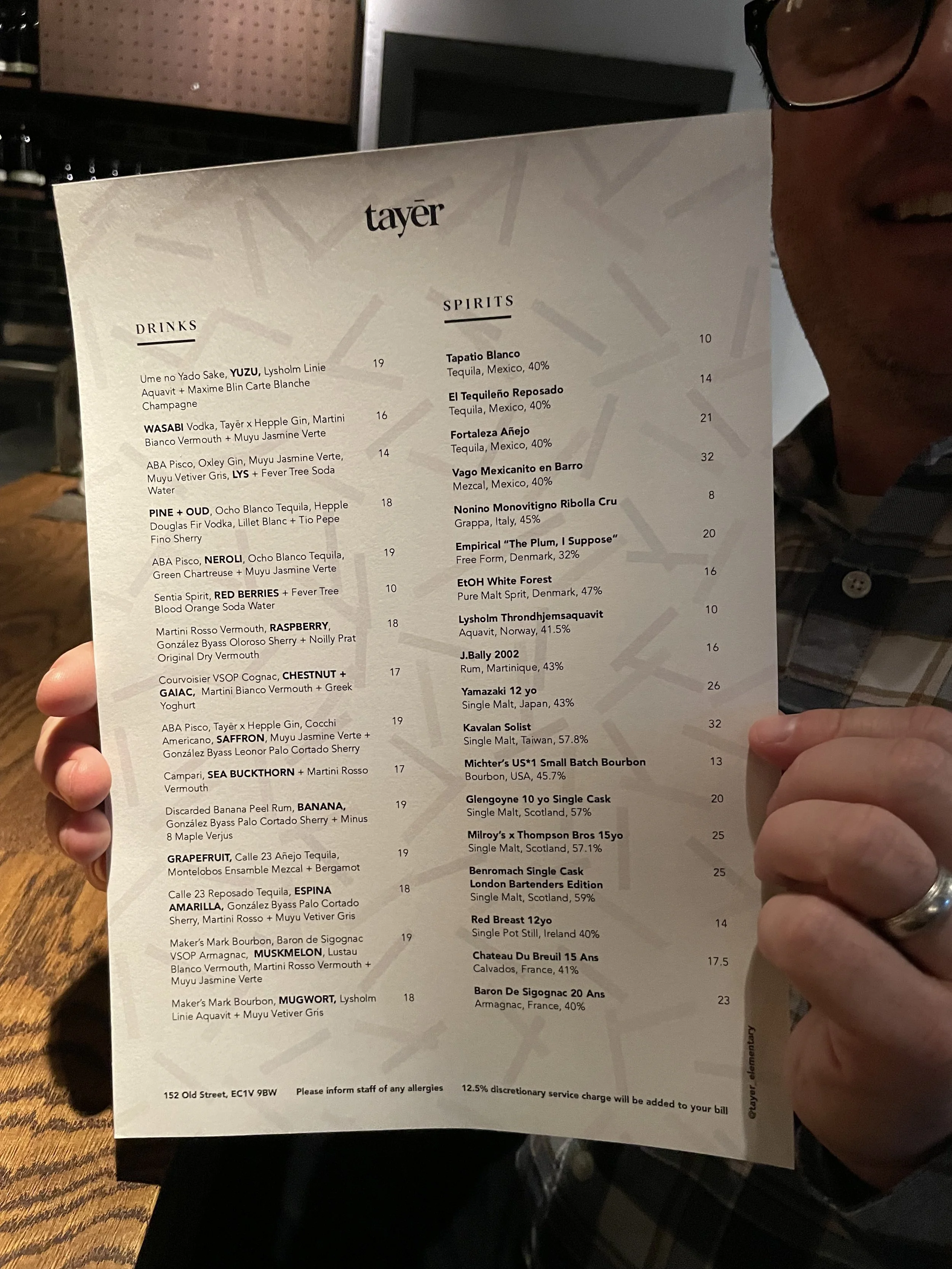 Cocktail menu at Tayer + Elementary in London featuring creative signature drinks.