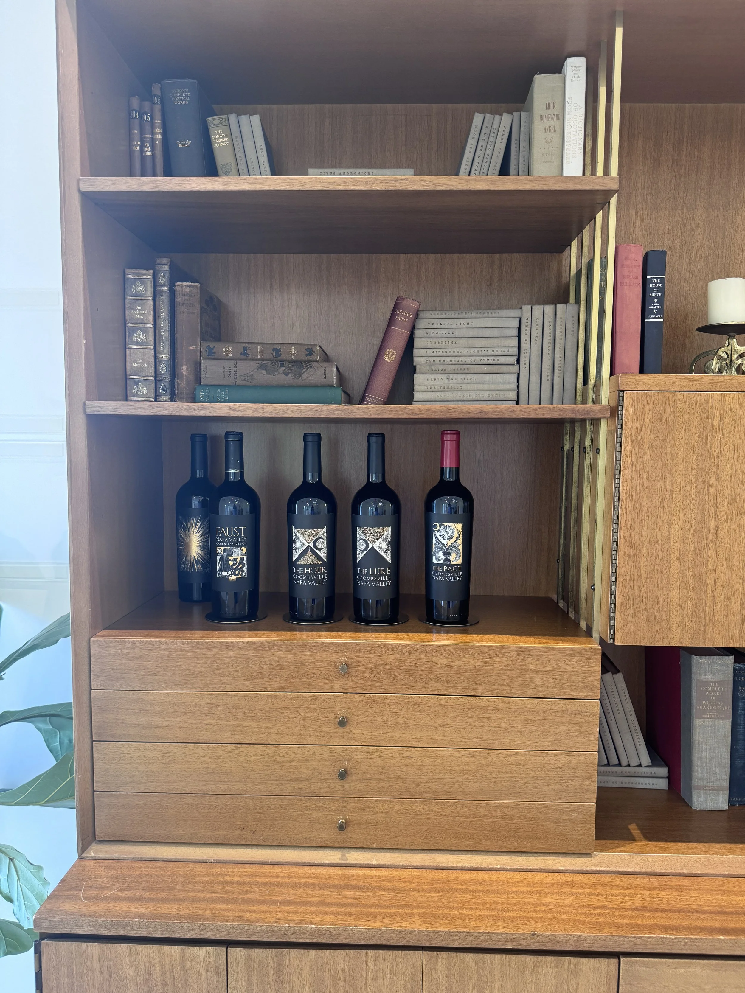 Faust Cabernet Sauvignon, The Hour, The Lure and The Pact wines displayed at Faust Haus