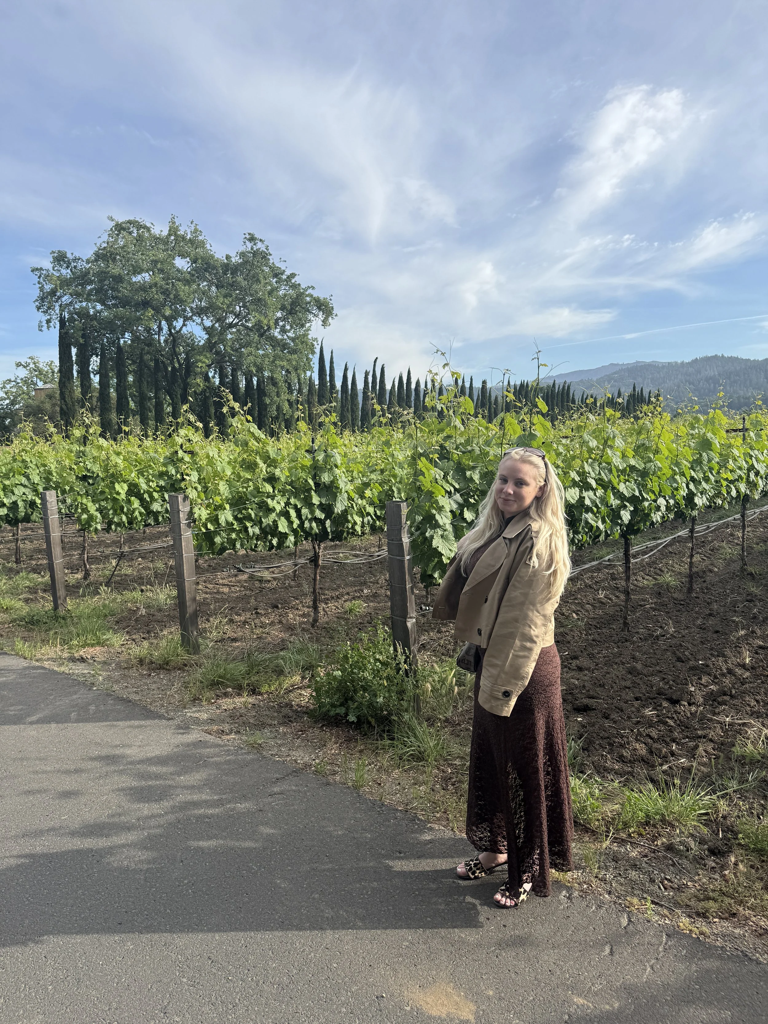 Walking through vineyards at O'Brien Estate Winery in Napa Valley