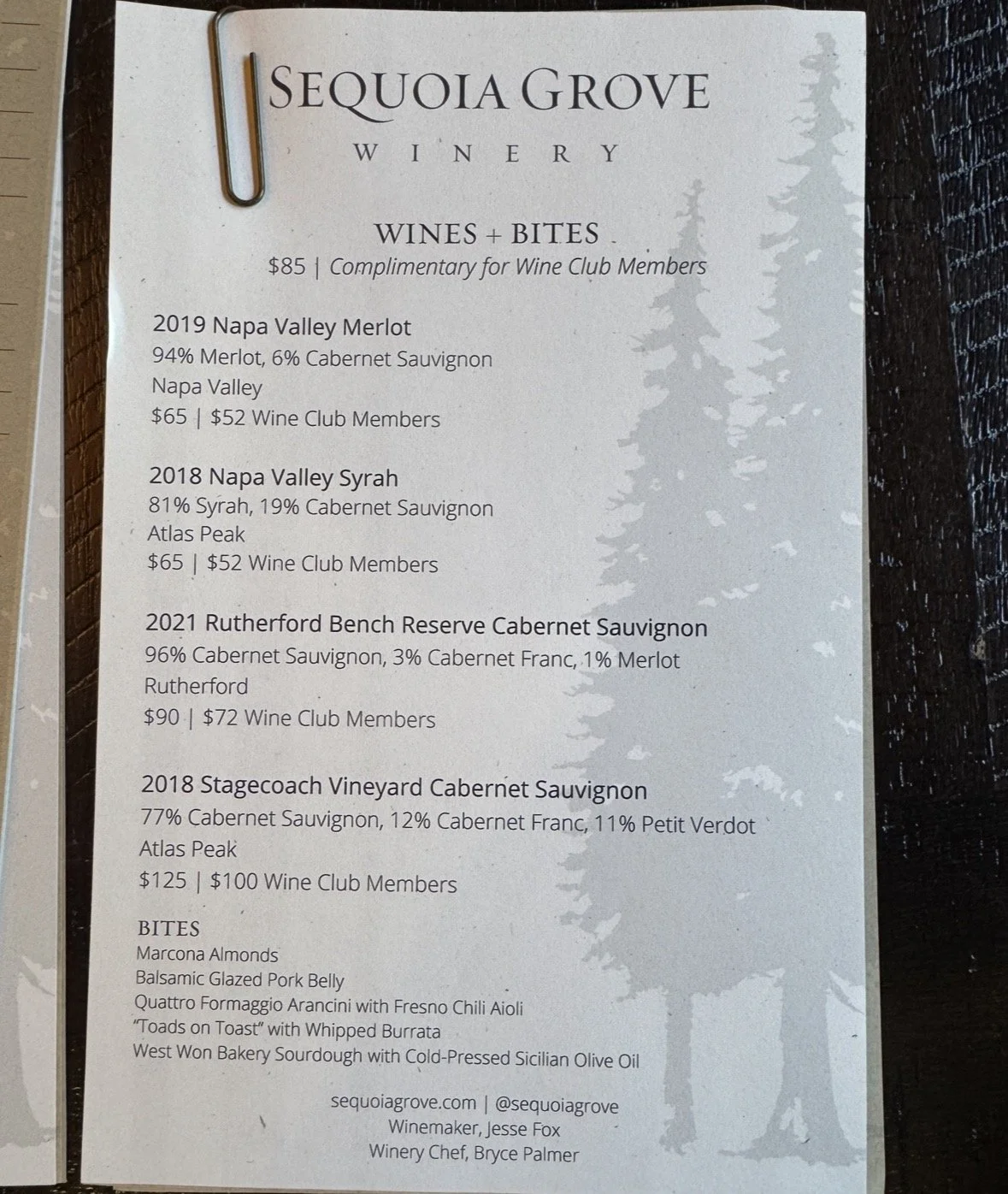 Sequoia Grove Winery Wines and Bites tasting menu in Rutherford Napa Valley