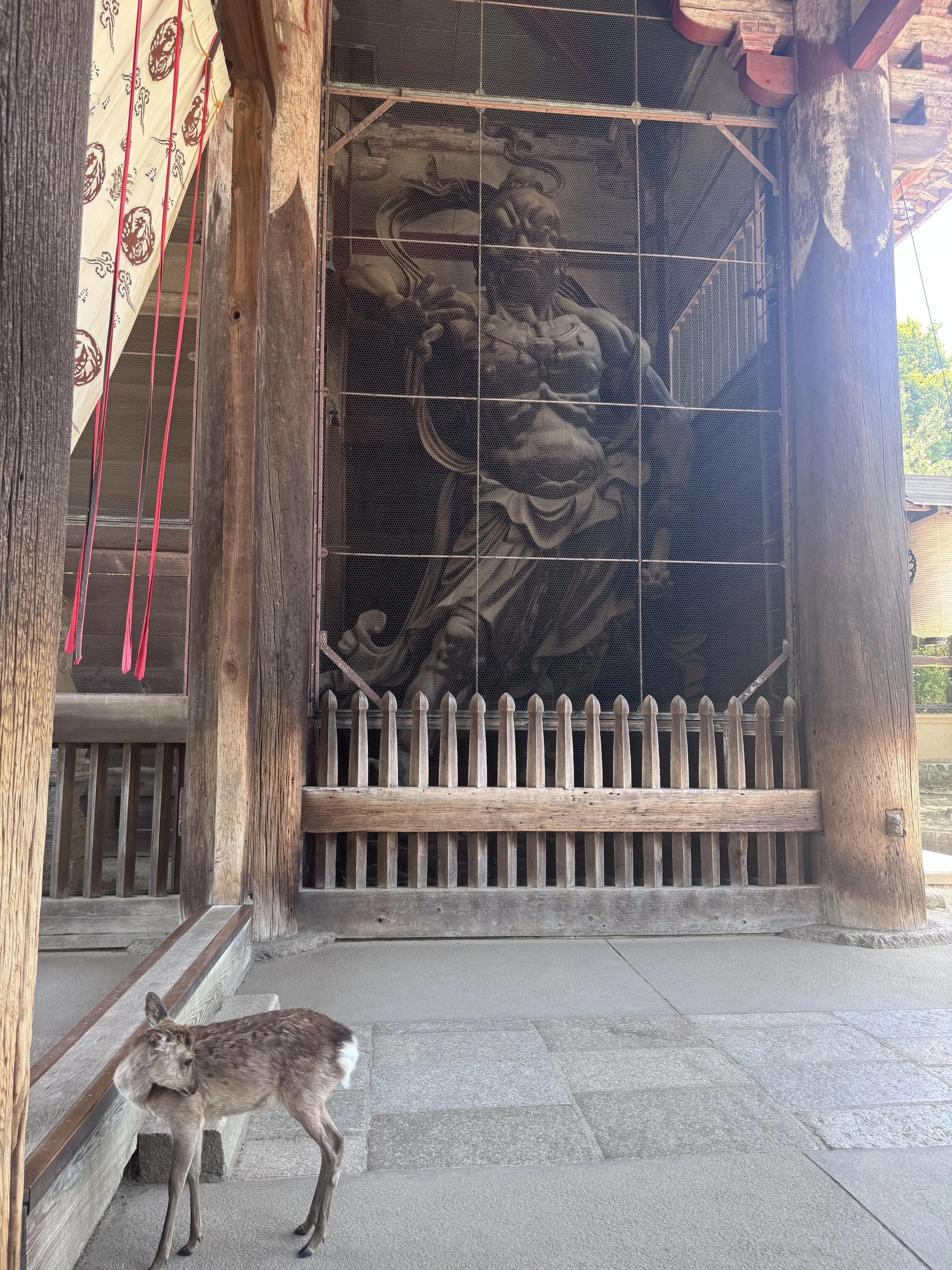 A small deer standing on a stone paving in front of a wooden structure. Behind the structure, there is a large painted mural of a dragon or tiger on a wall behind a wire fence. There is a wooden railing in front of the creature and some bright sunlight.