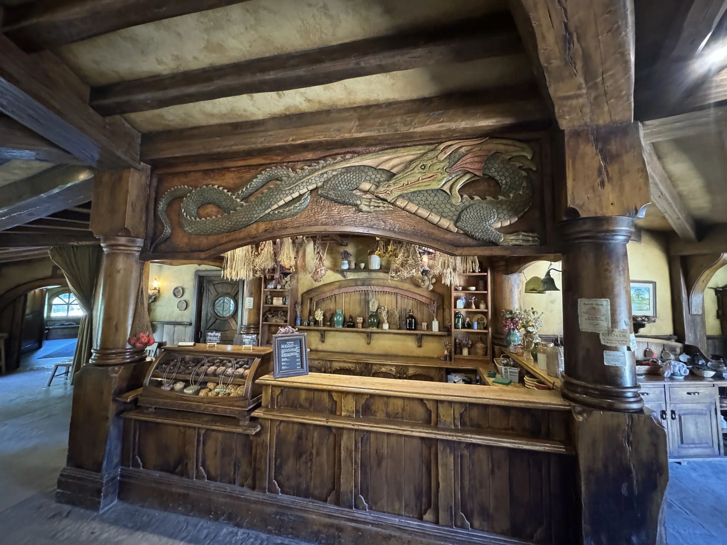 Rustic interior bar of the Green Dragon Inn at Hobbiton Movie Set