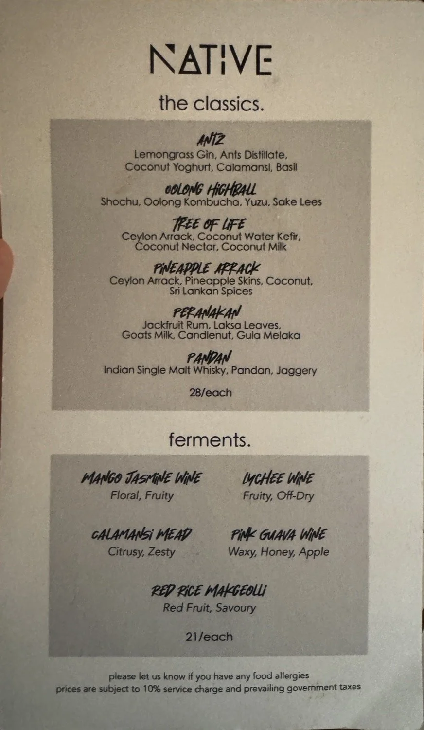 Cocktail menu at Native bar Singapore