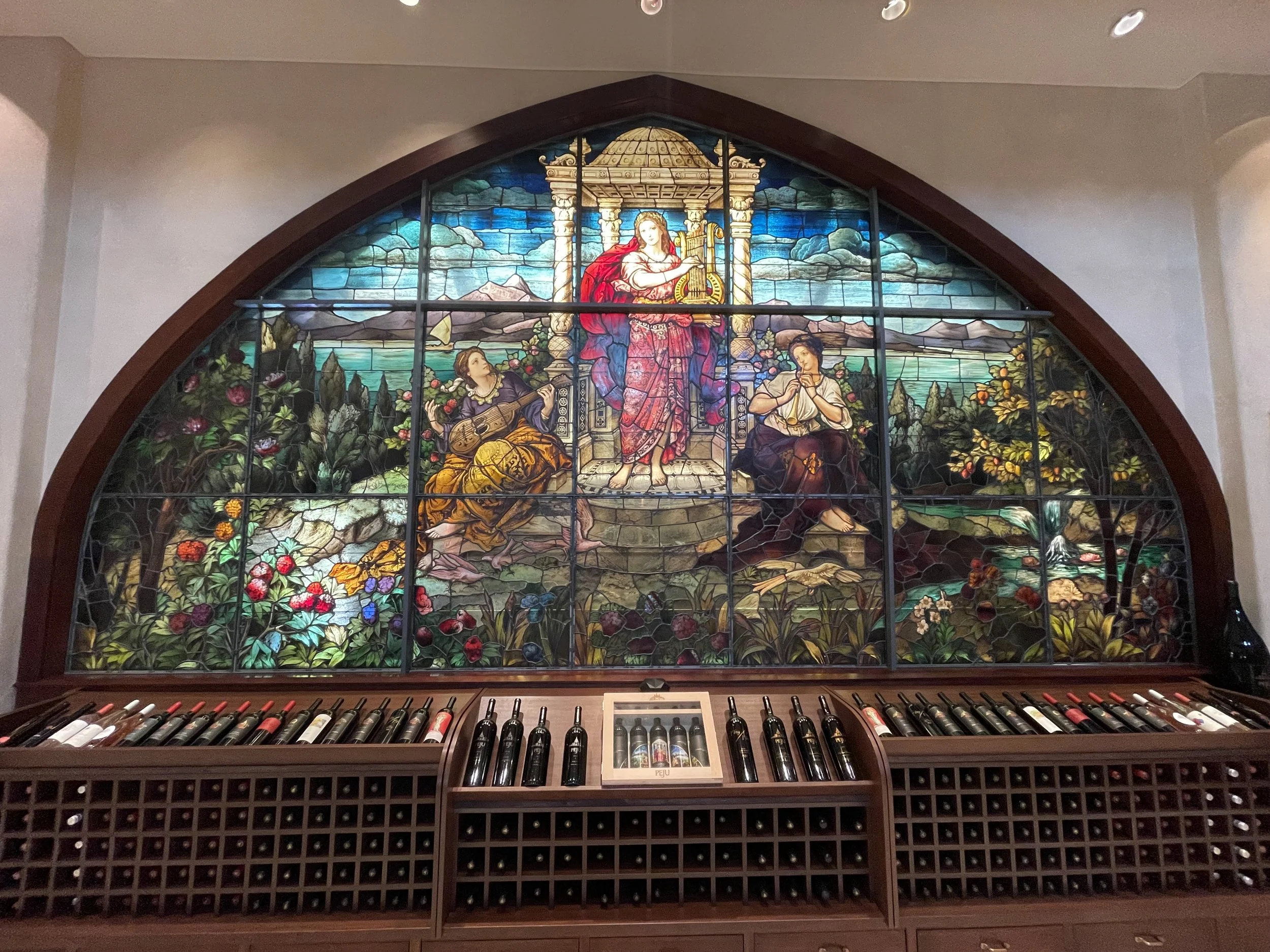 Stained glass wine cellar at Peju winery Napa Valley