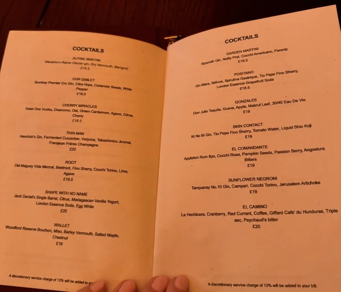 Cocktail menu at Kwānt bar in Mayfair London