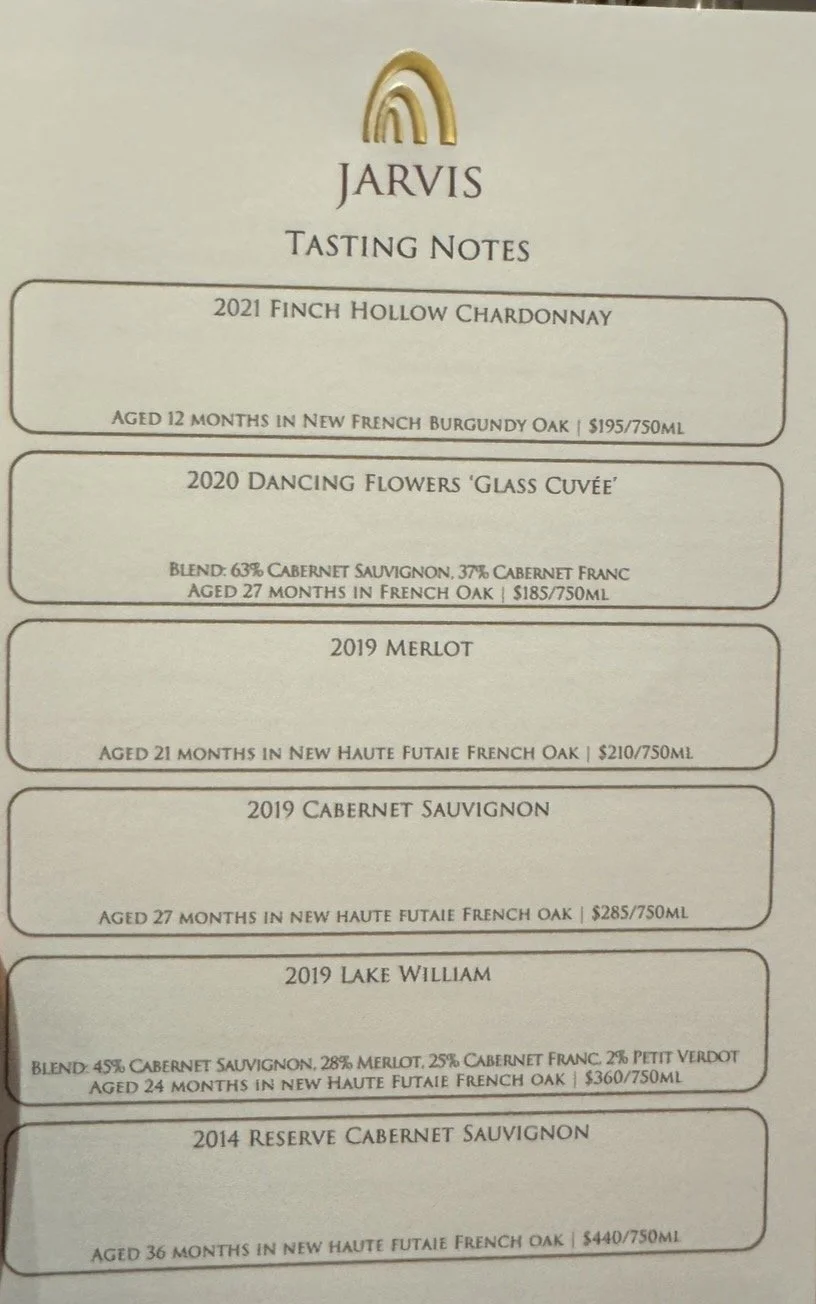 Jarvis Estate wine tasting menu with Chardonnay, Merlot and Cabernet Sauvignon