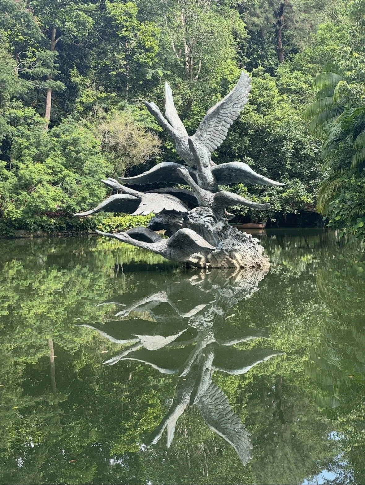 Swan sculpture reflected in a lake at Singapore Botanic Gardens