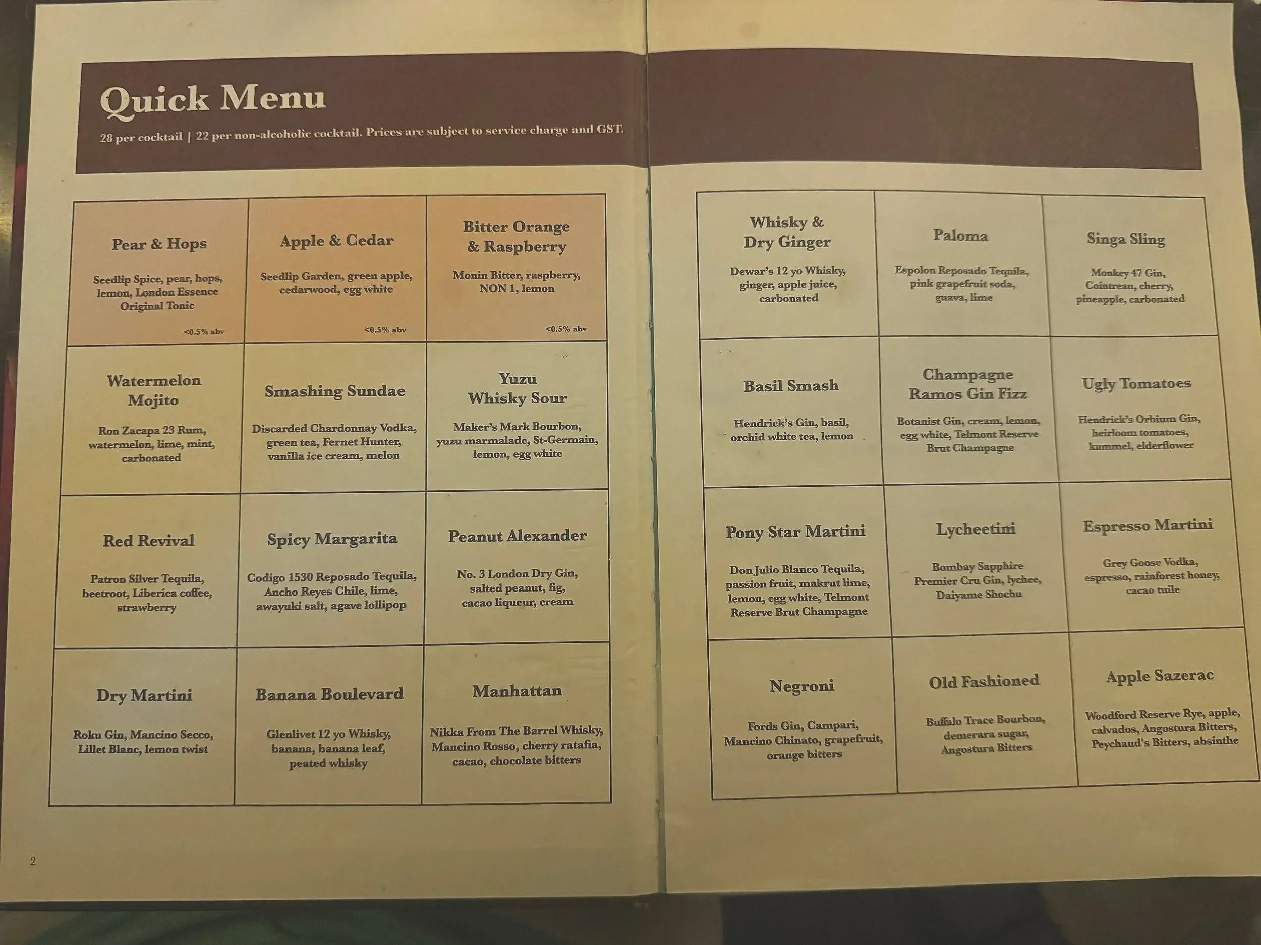 Cocktail menu at Jigger & Pony Singapore