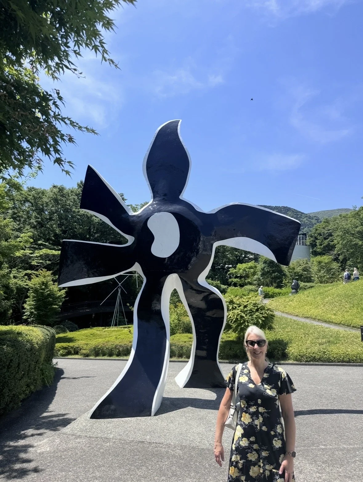 Large outdoor sculpture at Hakone Open-Air Museum with mountain backdrop