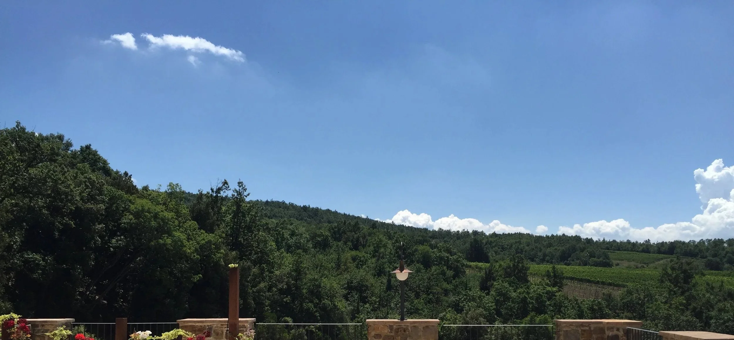 A scenic view of a green landscape with trees and hills under a blue sky with a few white clouds. There is a stone railing and outdoor lighting in the foreground.