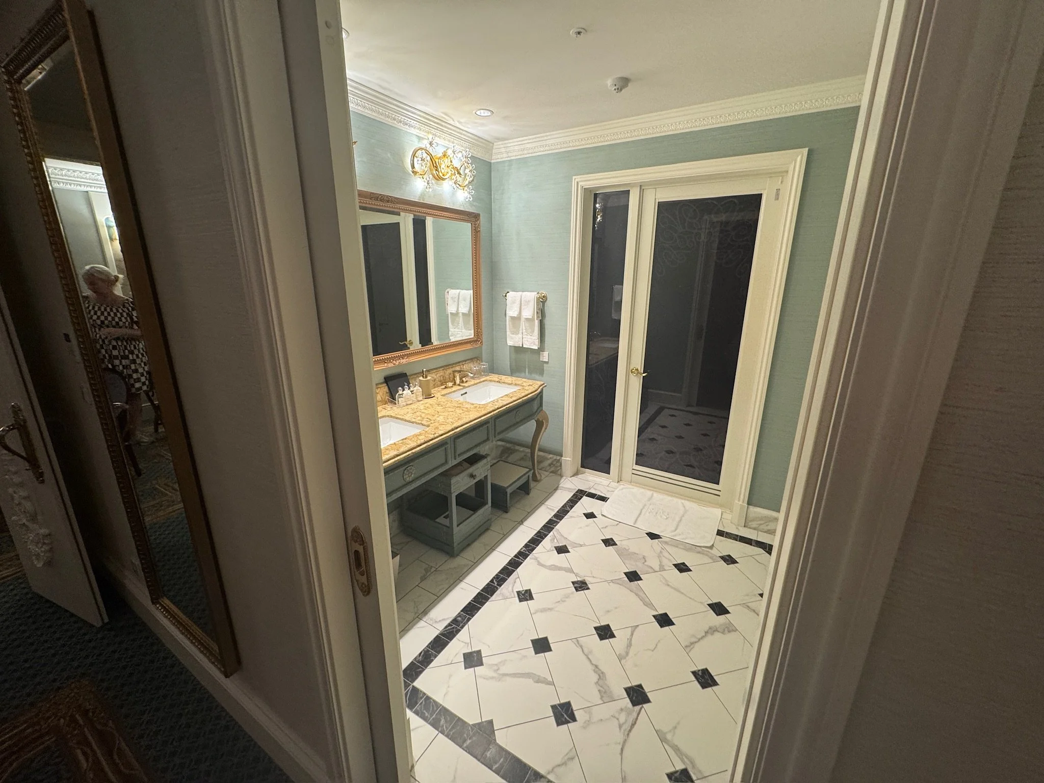 Tokyo Disney suite bathroom marble flooring and spacious layout