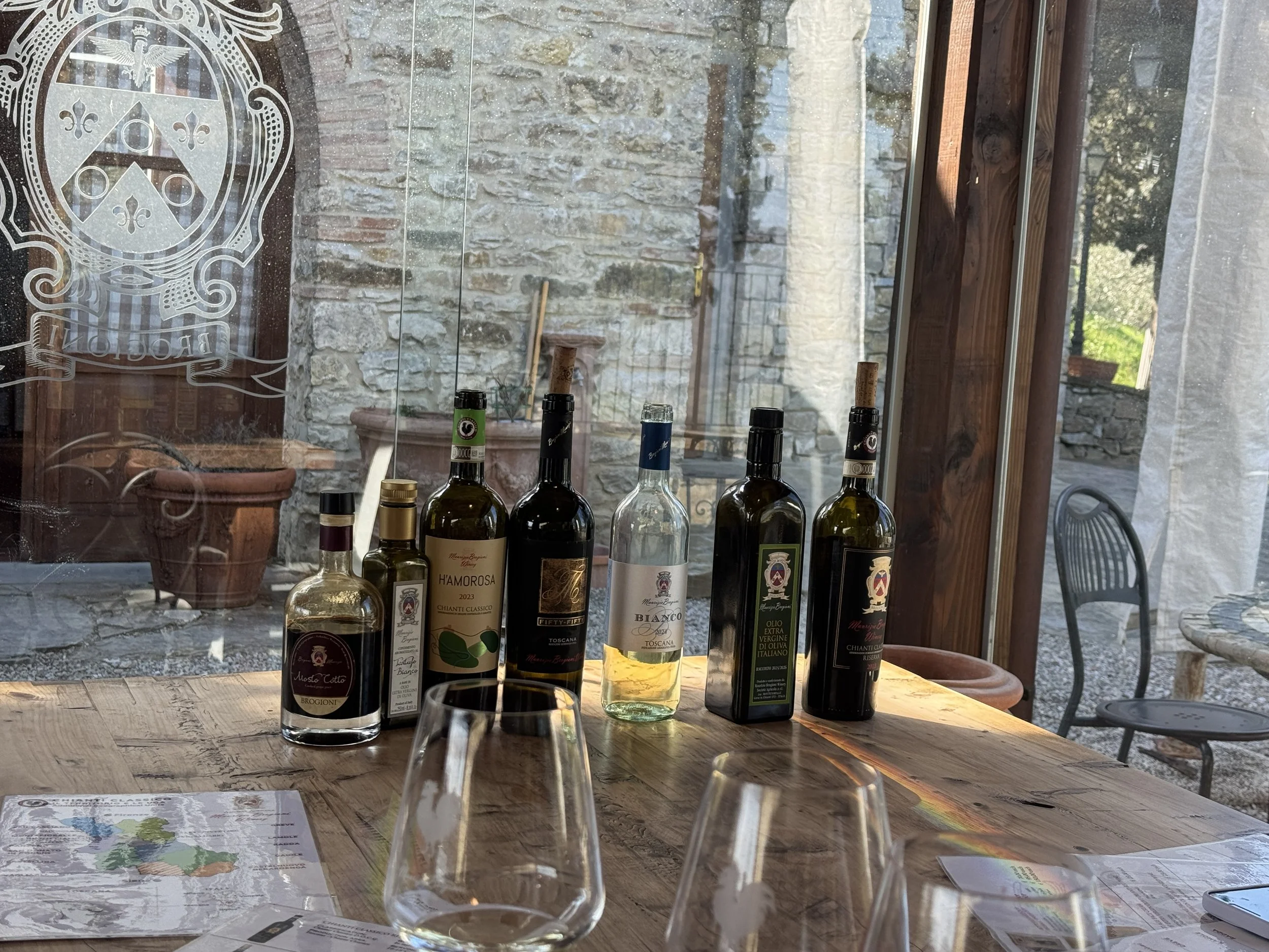Chianti Classico wine tasting with bottles displayed at Maurizio Brogioni Winery