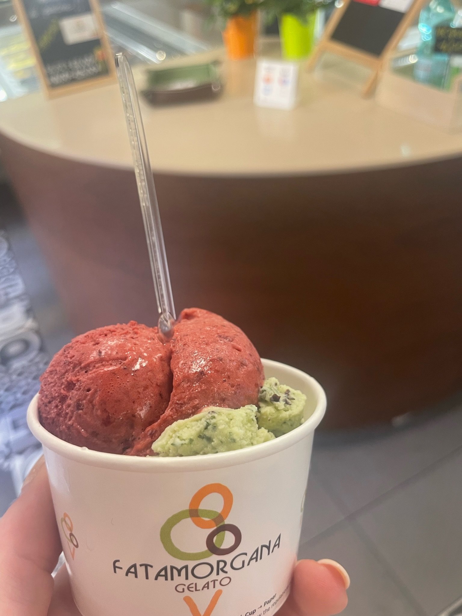 Pistachio and berry gelato from Fatamorgana Gelato in Rome
