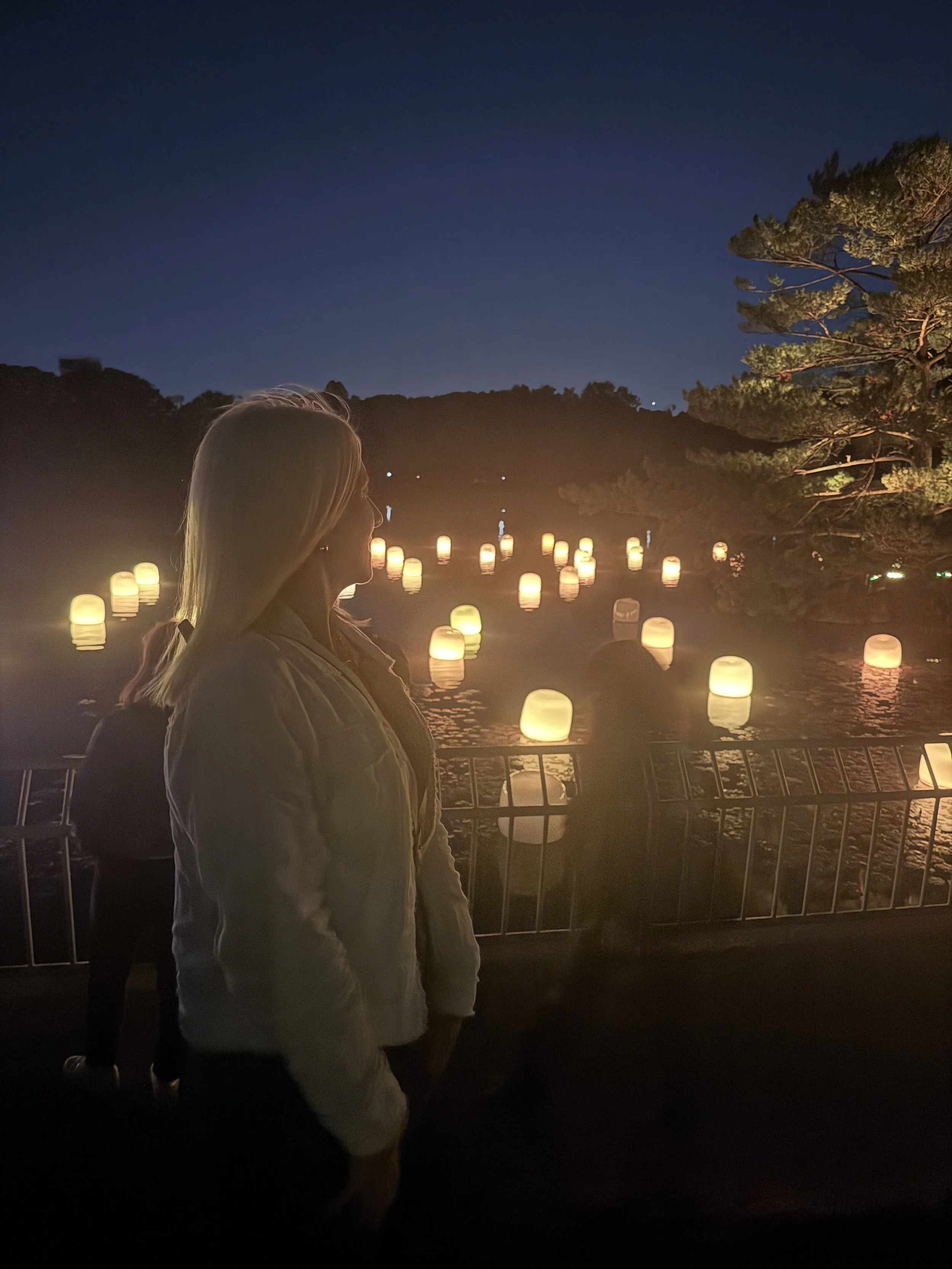 Glowing floating lanterns on a lake at teamLab Botanical Garden Osaka