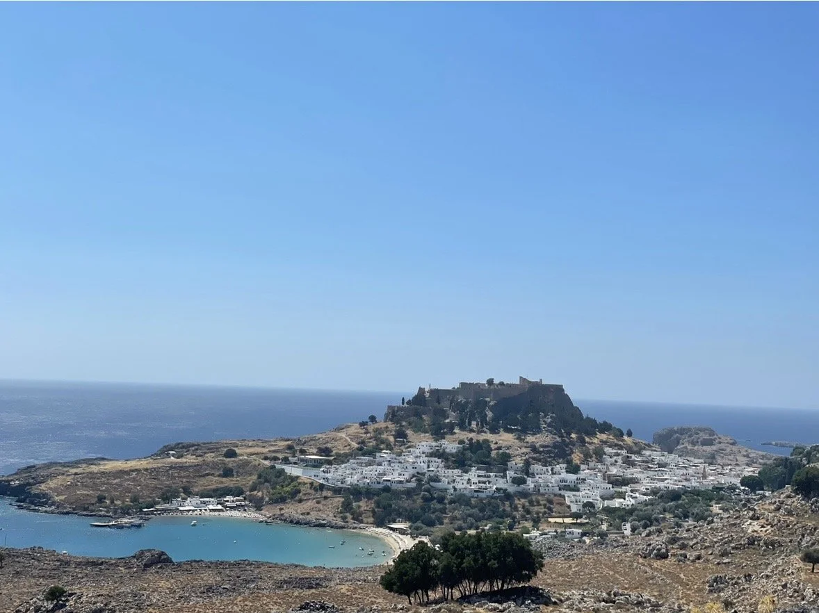 Panoramic view of Lindos village and St. Paul's Bay in Rhodes