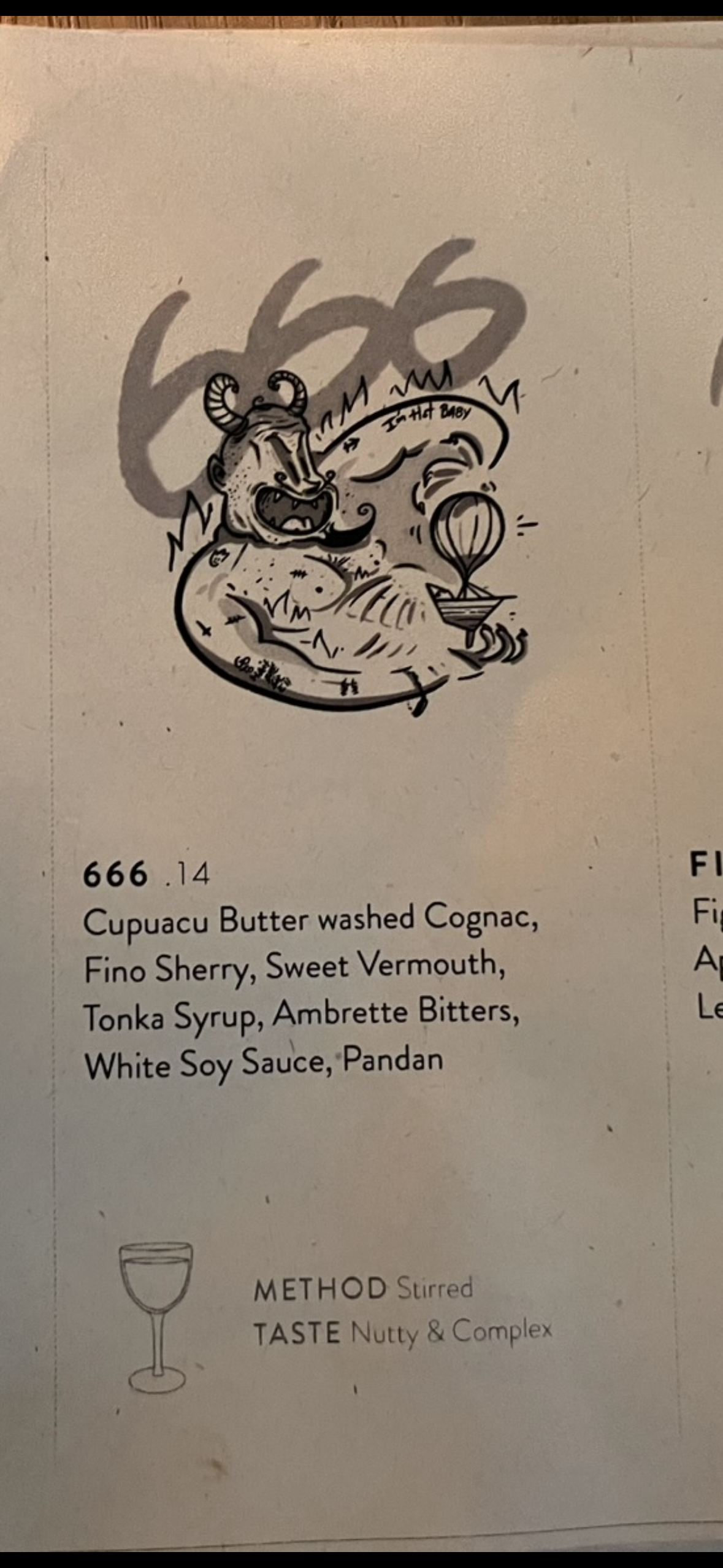 Close-up of a signature cocktail page from the Danico menu in Paris.