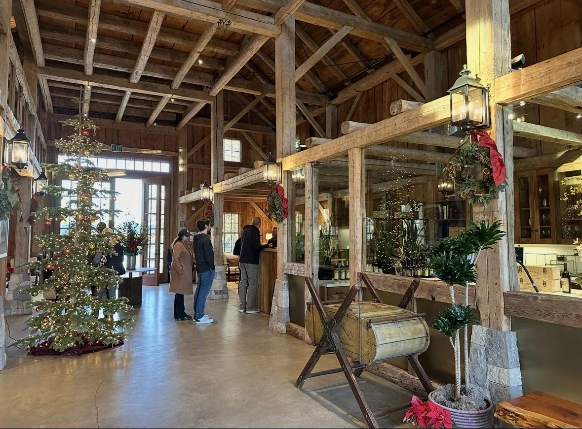 Historic barn interior decorated for Christmas at Nickel & Nickel winery