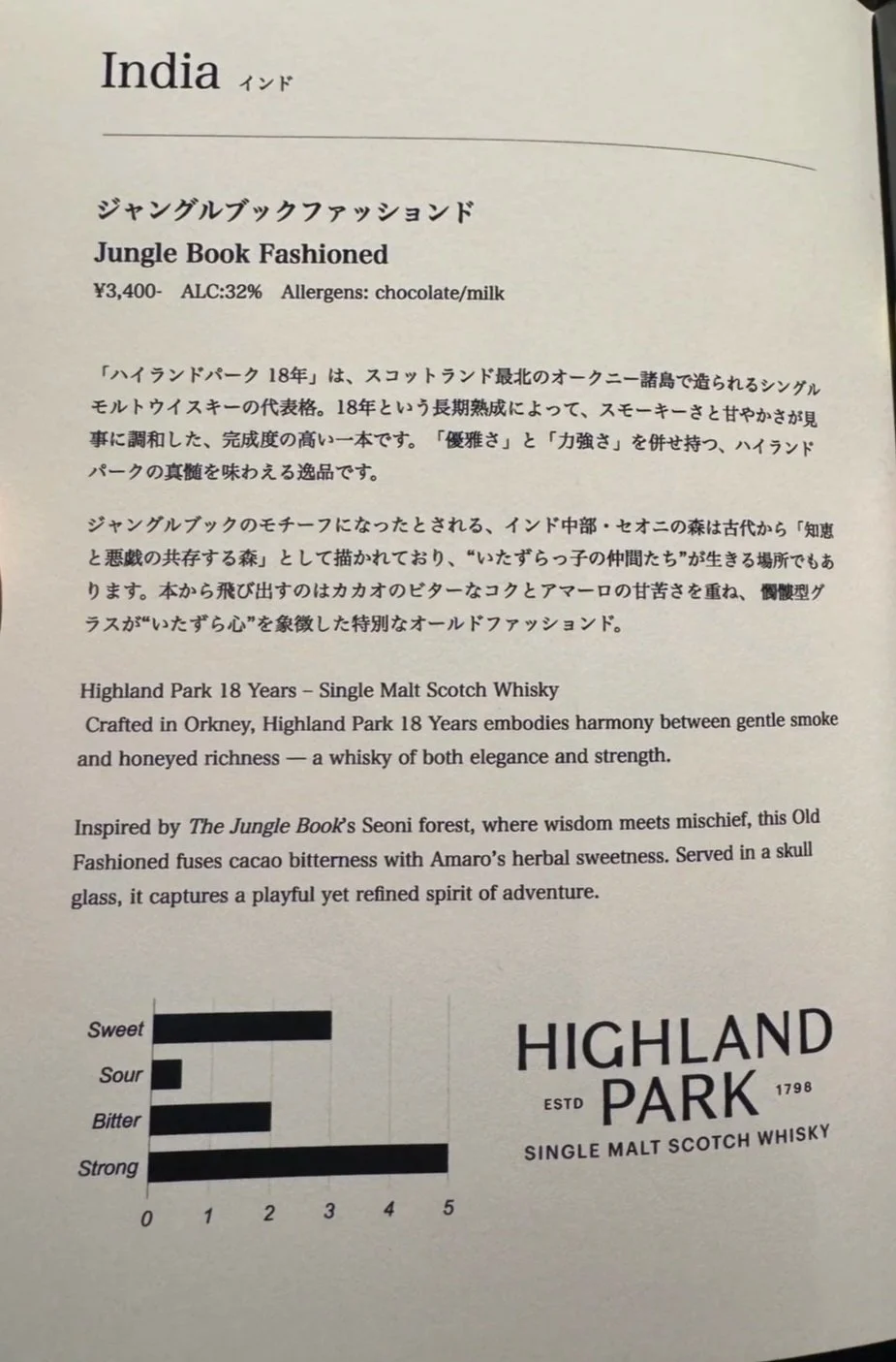 Jungle Book Fashioned India cocktail menu at Bar Libre Ginza
