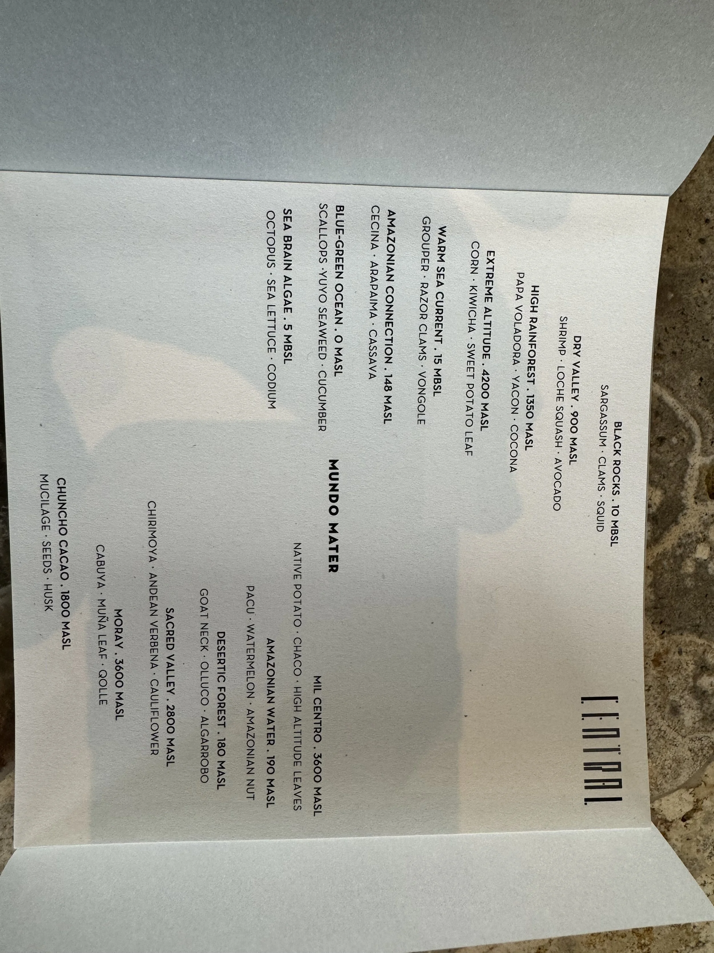 Central Restaurant Mundo Mater tasting menu highlighting ingredients from Peru's diverse ecosystems
