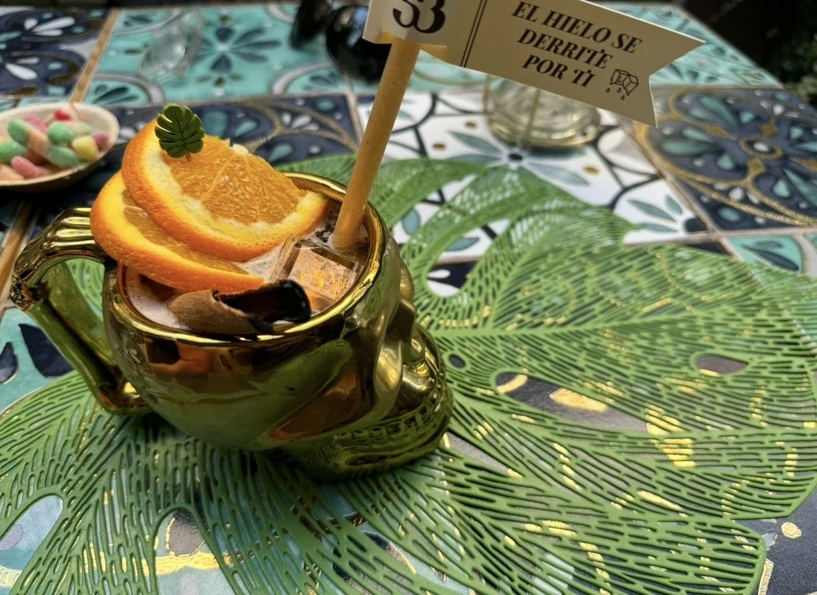 Cocktail served in an elaborate gold vessel at El Jardín de Salvador Bachiller in Madrid