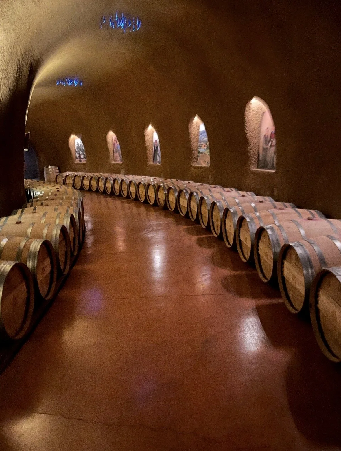 Curved underground barrel-aging room at Jarvis Estate winery