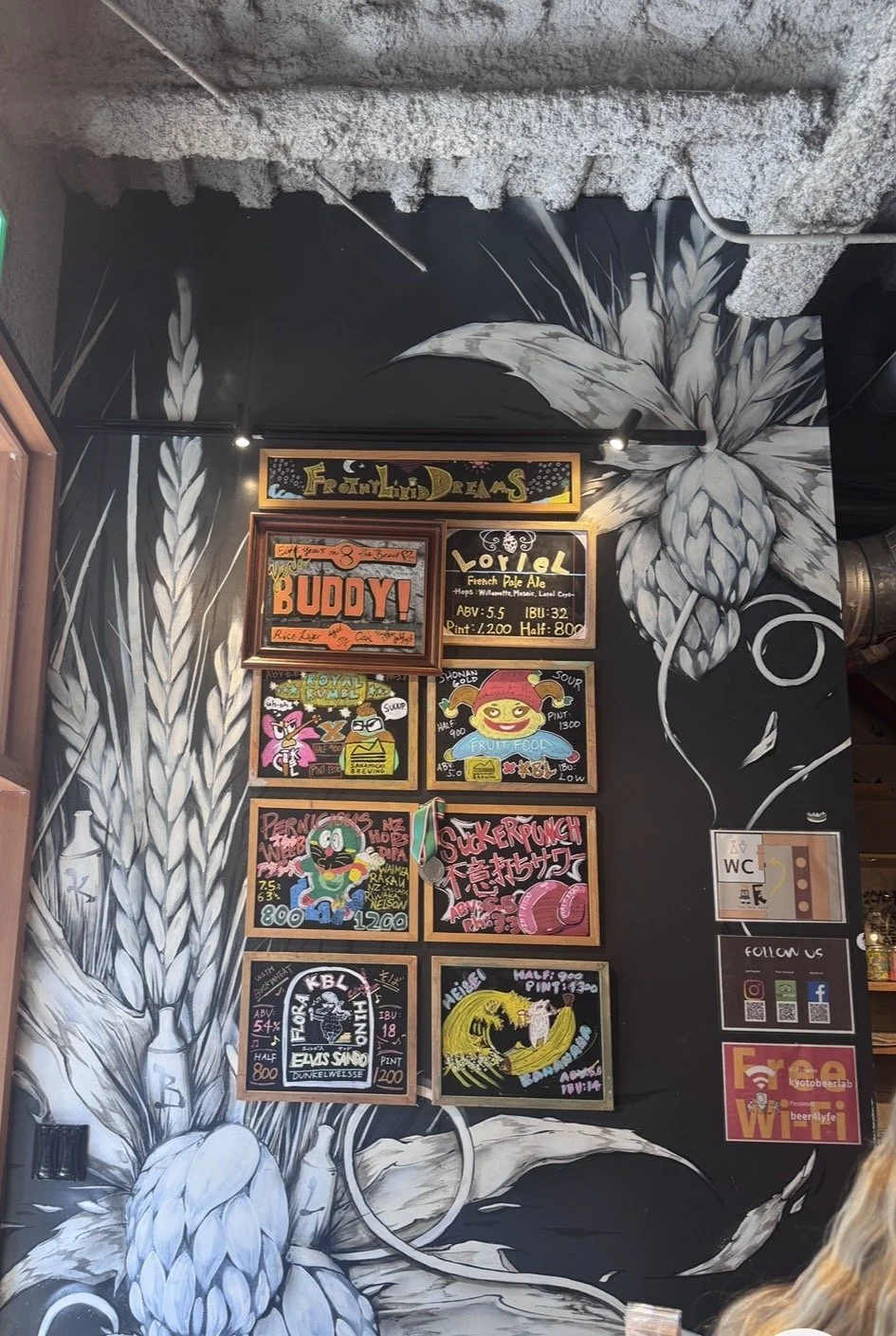 Cocktails at BEE'S KNEES speakeasy cocktail bar in Kyoto Japan with guest bartender wall in the background