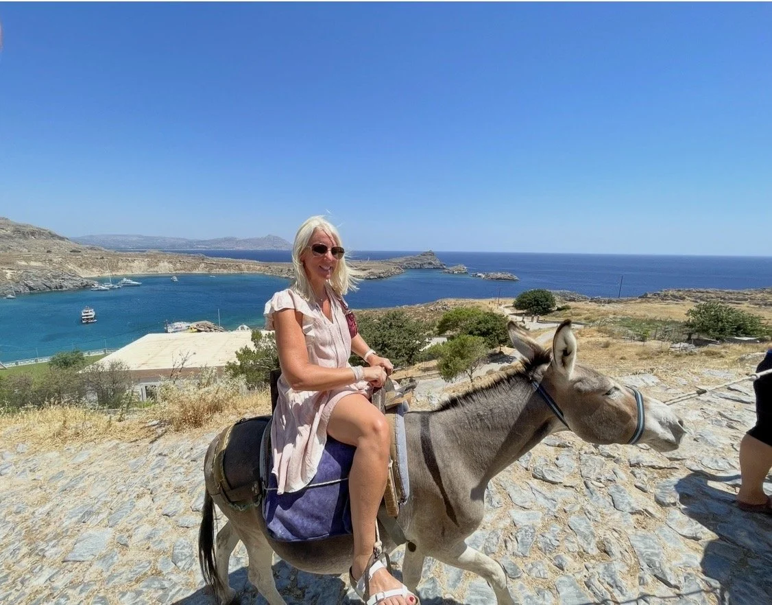 Donkey ride overlooking the coastline near the Acropolis of Lindos