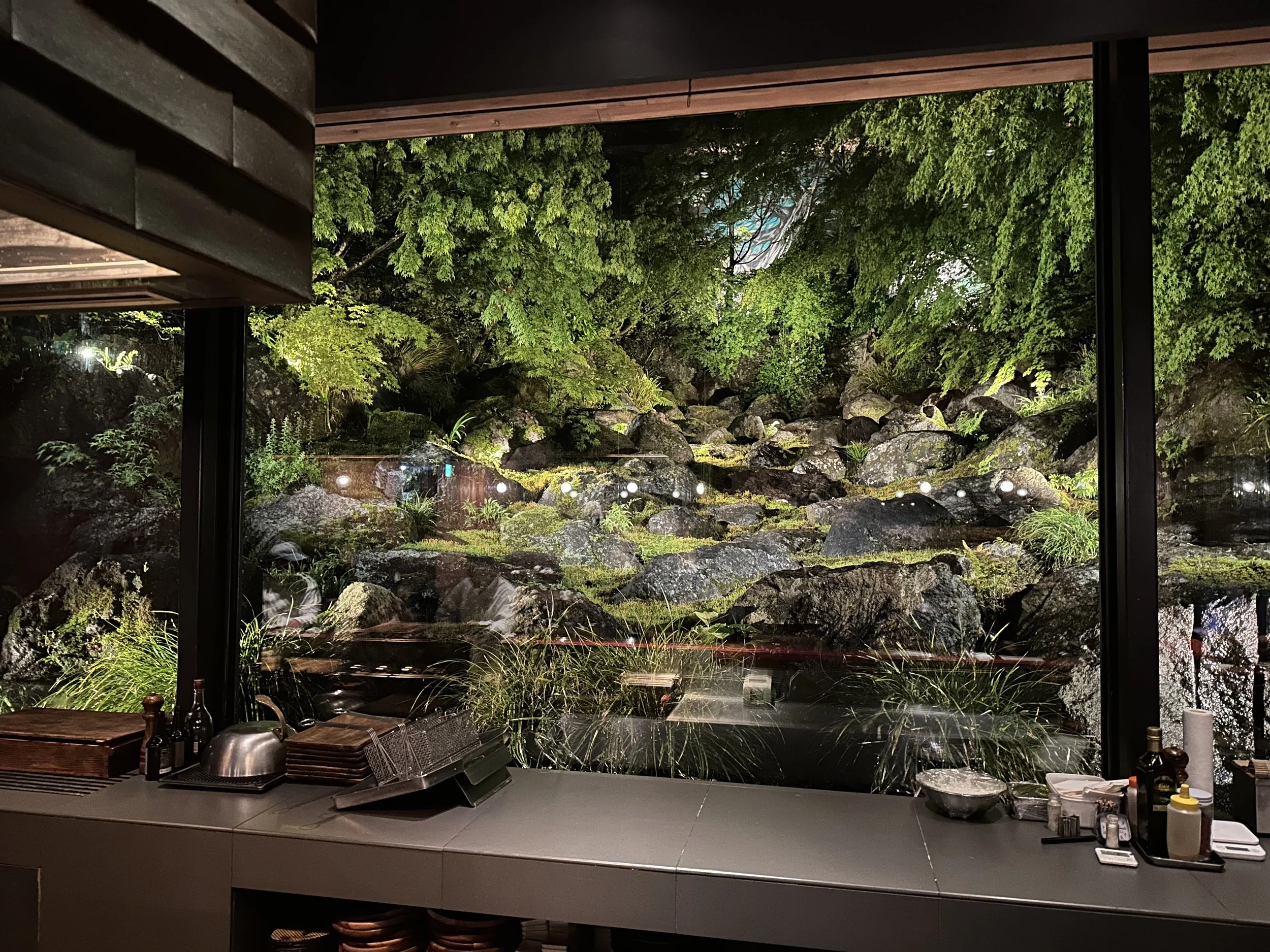 Traditional Japanese garden viewed from inside Gora Brewery & Grill in Hakone