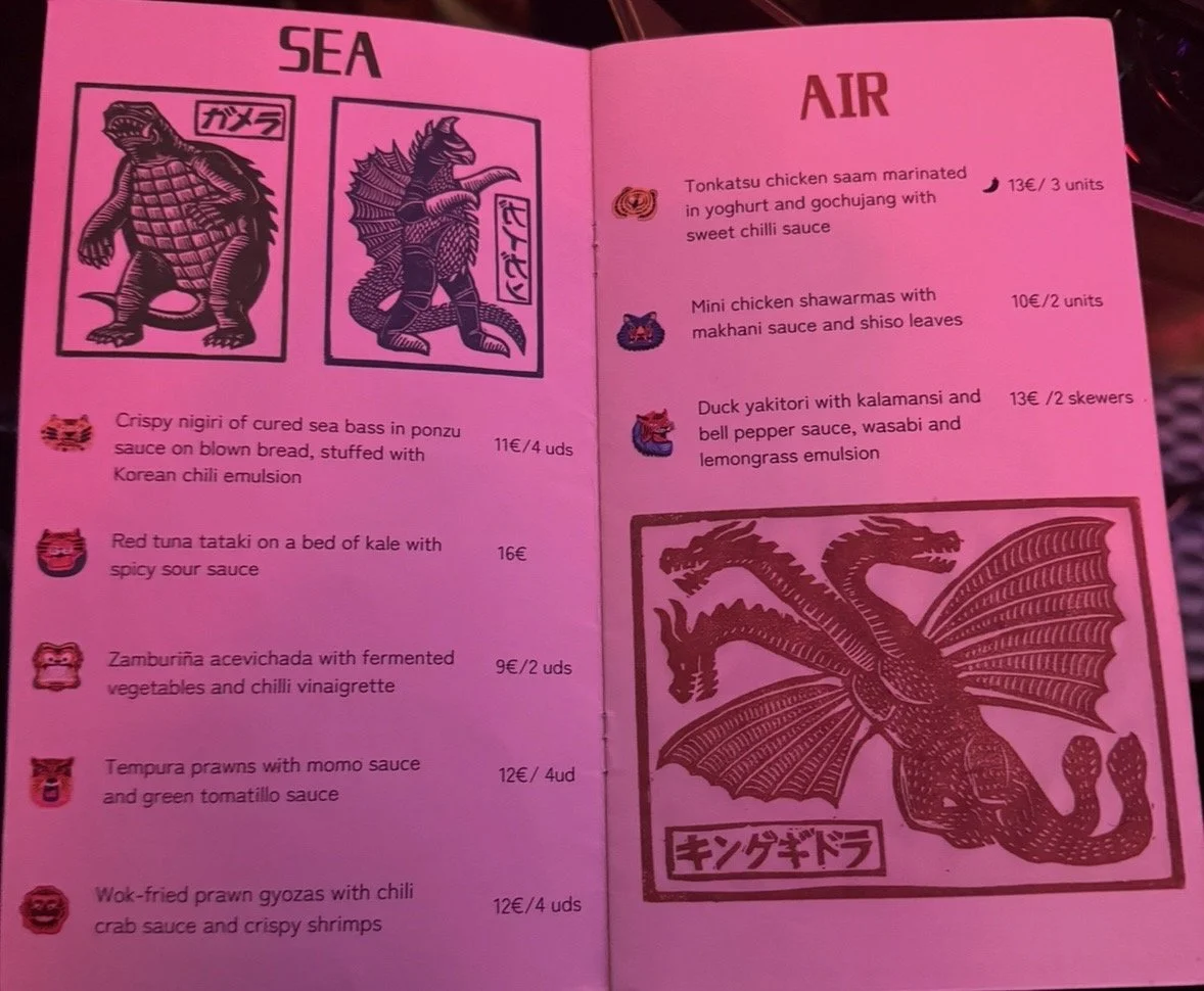 Salmon Guru food menu featuring the Sea and Air sections in Madrid