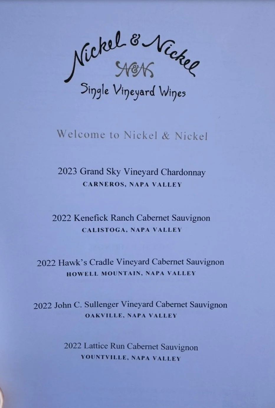 Nickel & Nickel tasting menu featuring single-vineyard Napa Valley wines
