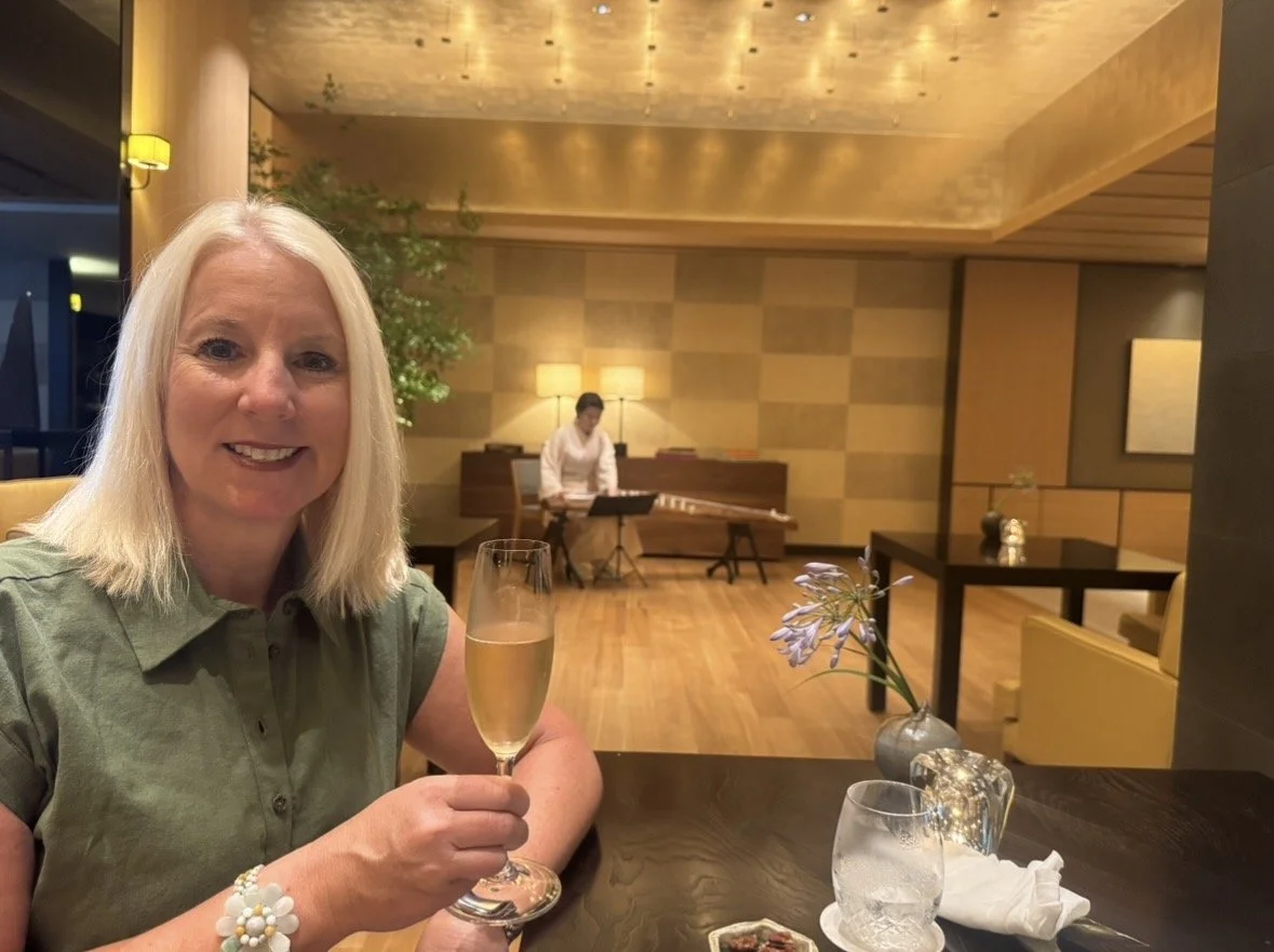 Champagne in the lounge at Park Hyatt Kyoto during a live traditional koto performance