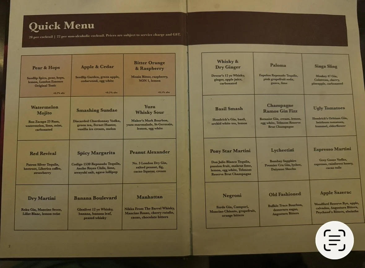 Cocktail menu at Jigger and Pony Singapore