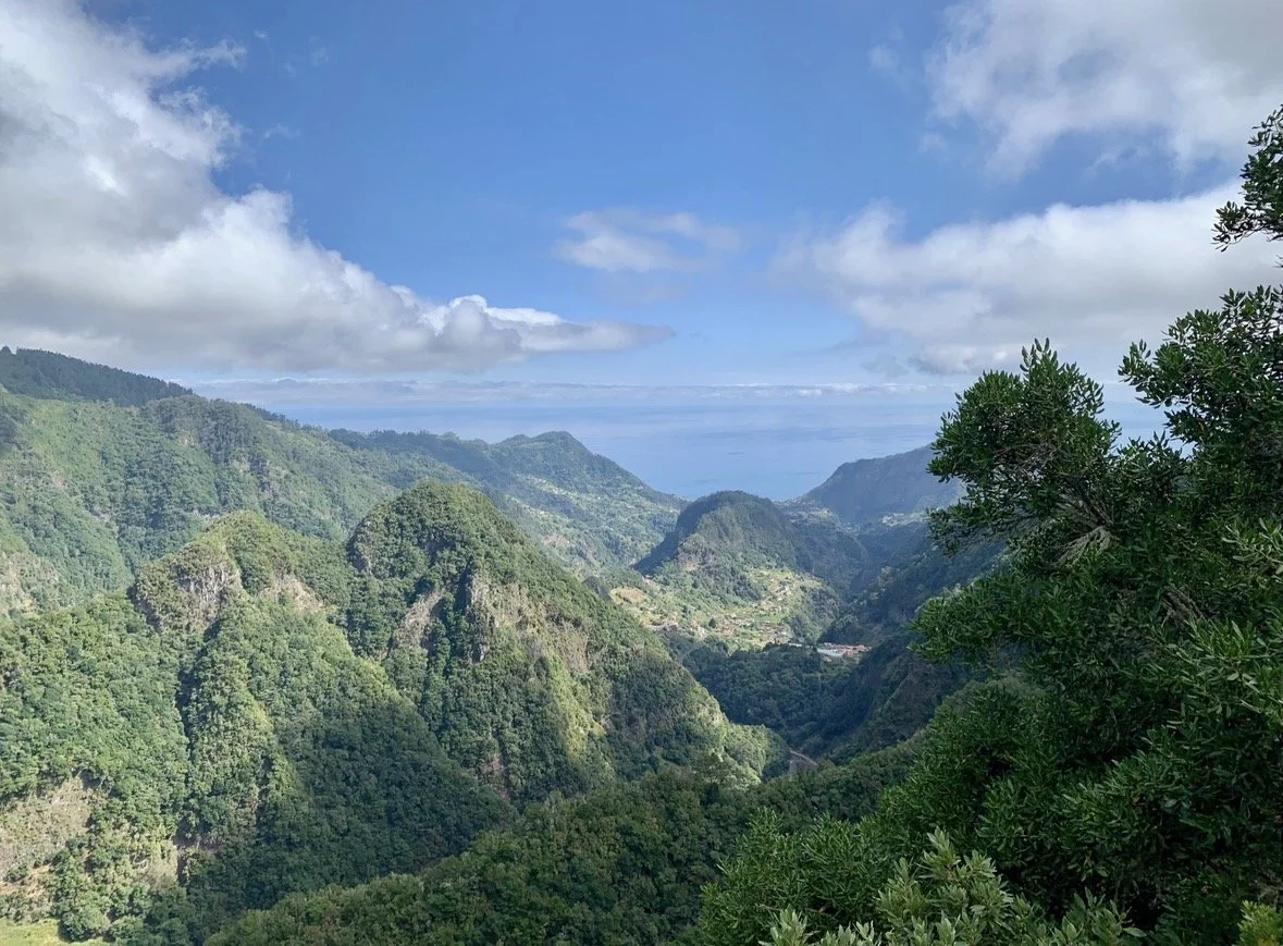 Scenic mountain landscape in Madeira with rugged peaks and deep valleys