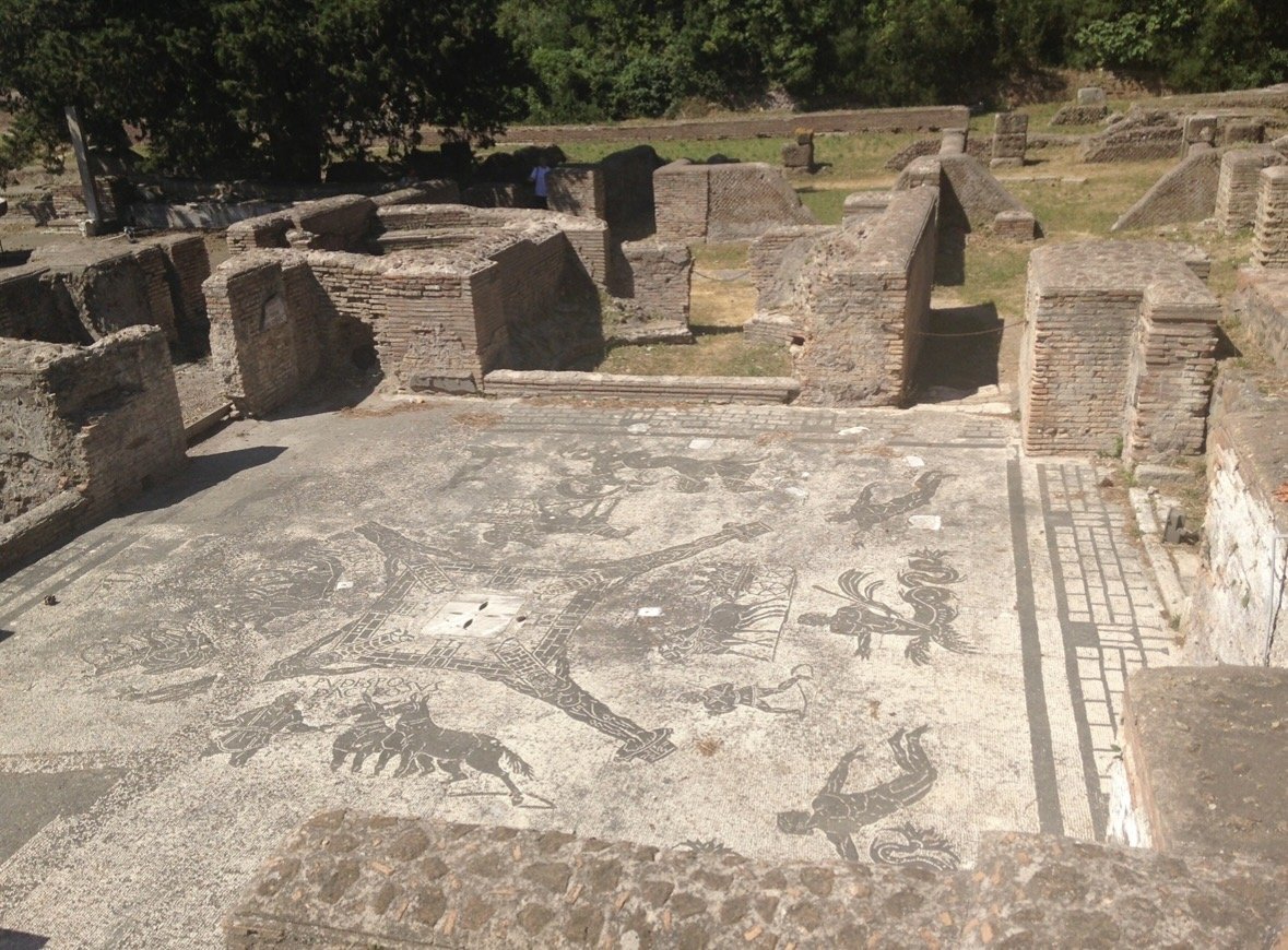 Ancient Roman mosaic at Ostia Antica archaeological park near Rome