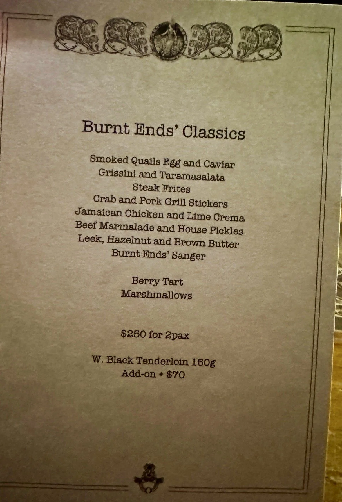 Menu at Burnt Ends Michelin-starred restaurant in Singapore