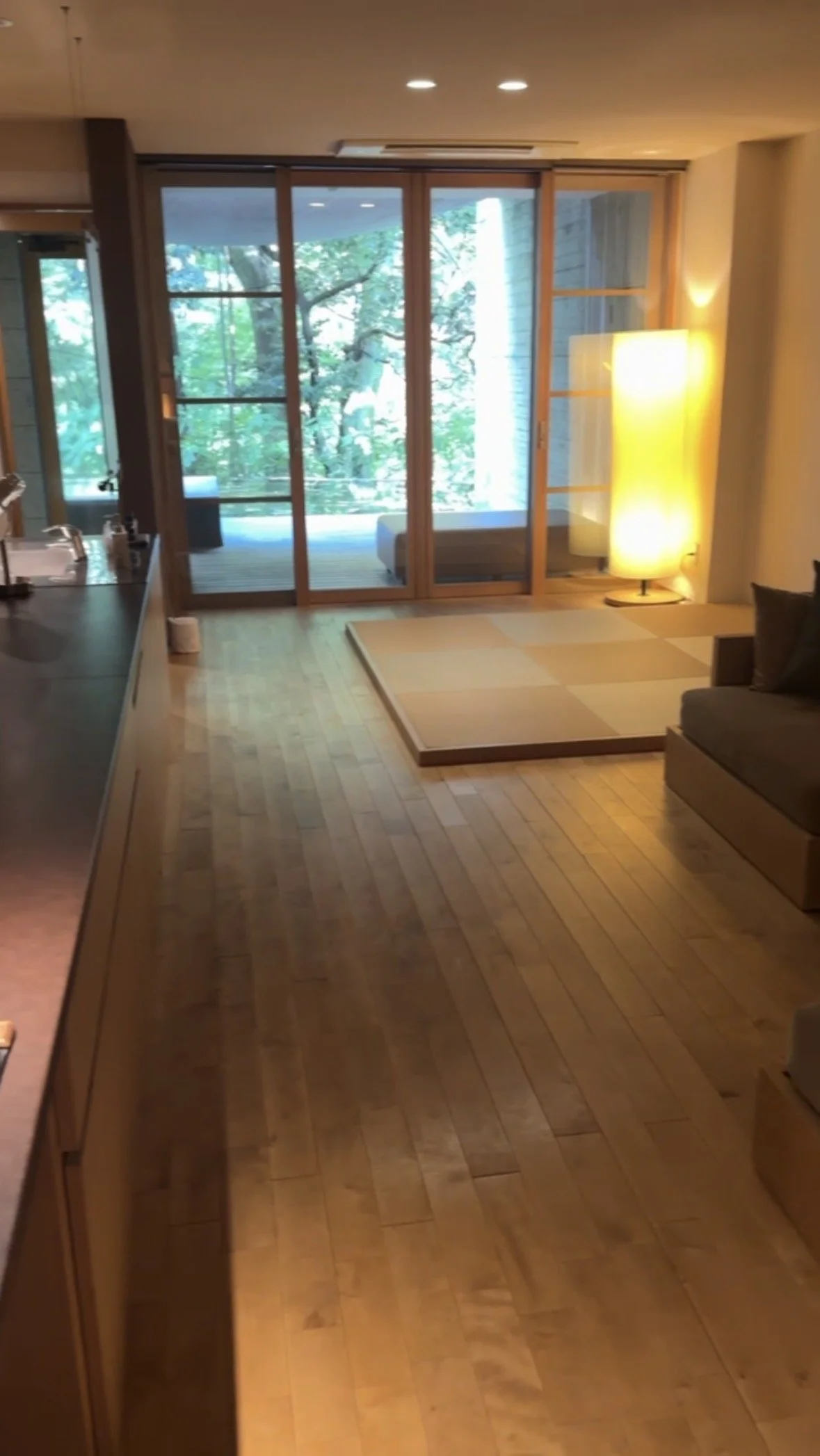Modern suite with tatami seating area at Kinnotake Tonosawa luxury ryokan in Hakone