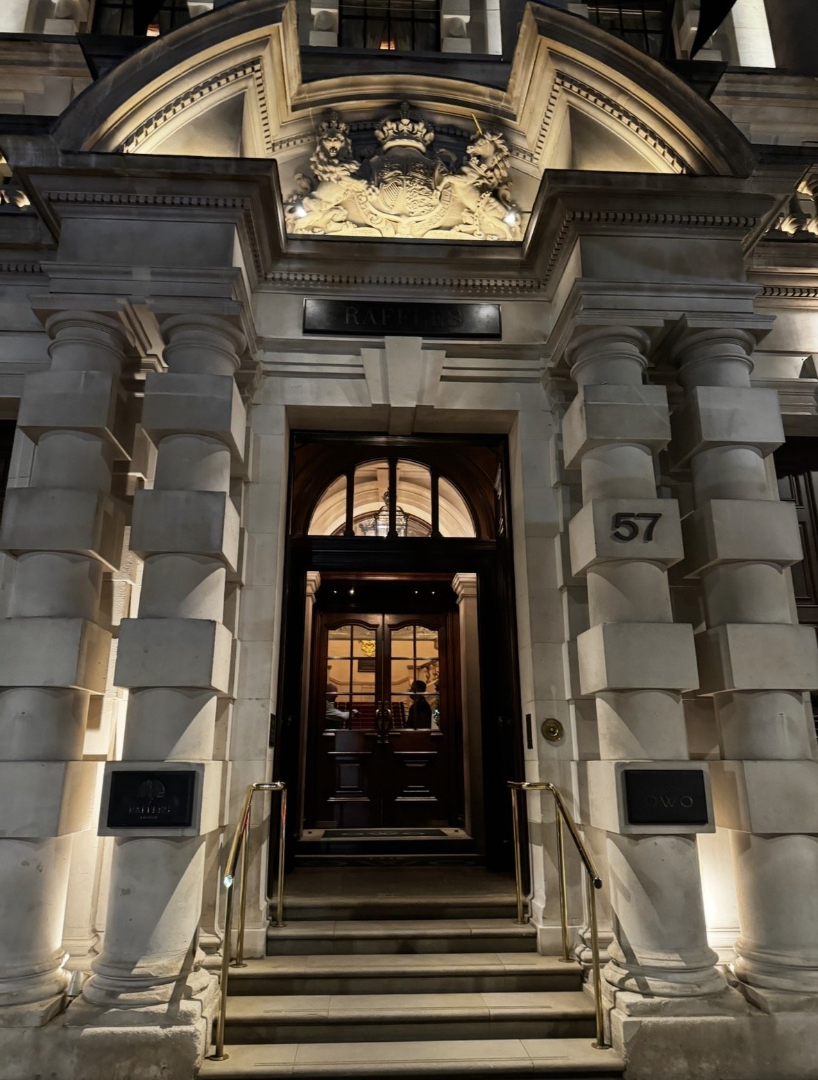 Exterior entrance of Raffles London at The OWO luxury hotel on Whitehall in London