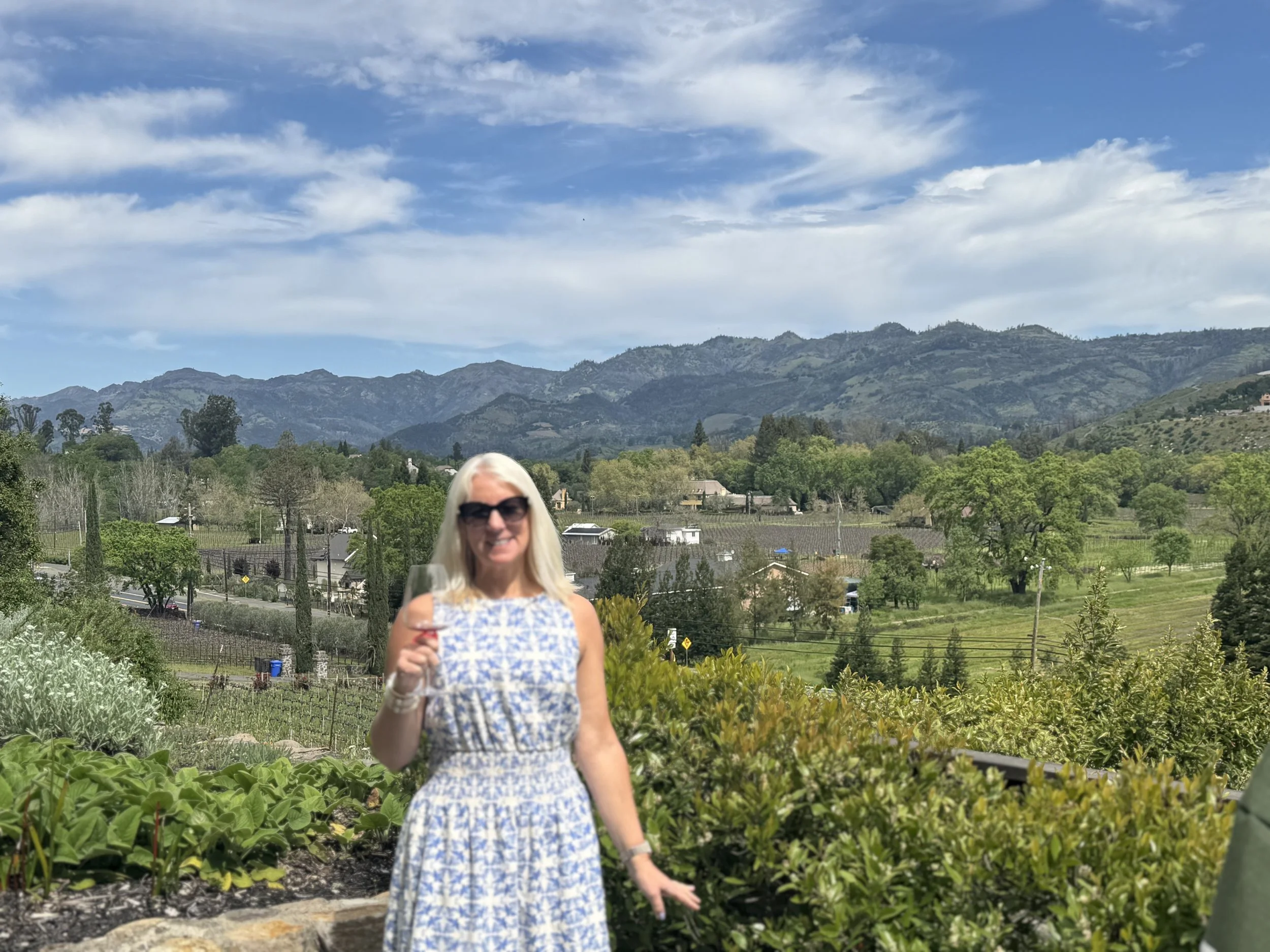 A woman with blonde hair and sunglasses, wearing a blue and white patterned dress, is holding a glass of wine or champagne in a vineyard or garden with green plants and hills with mountains and a partly cloudy sky in the background.