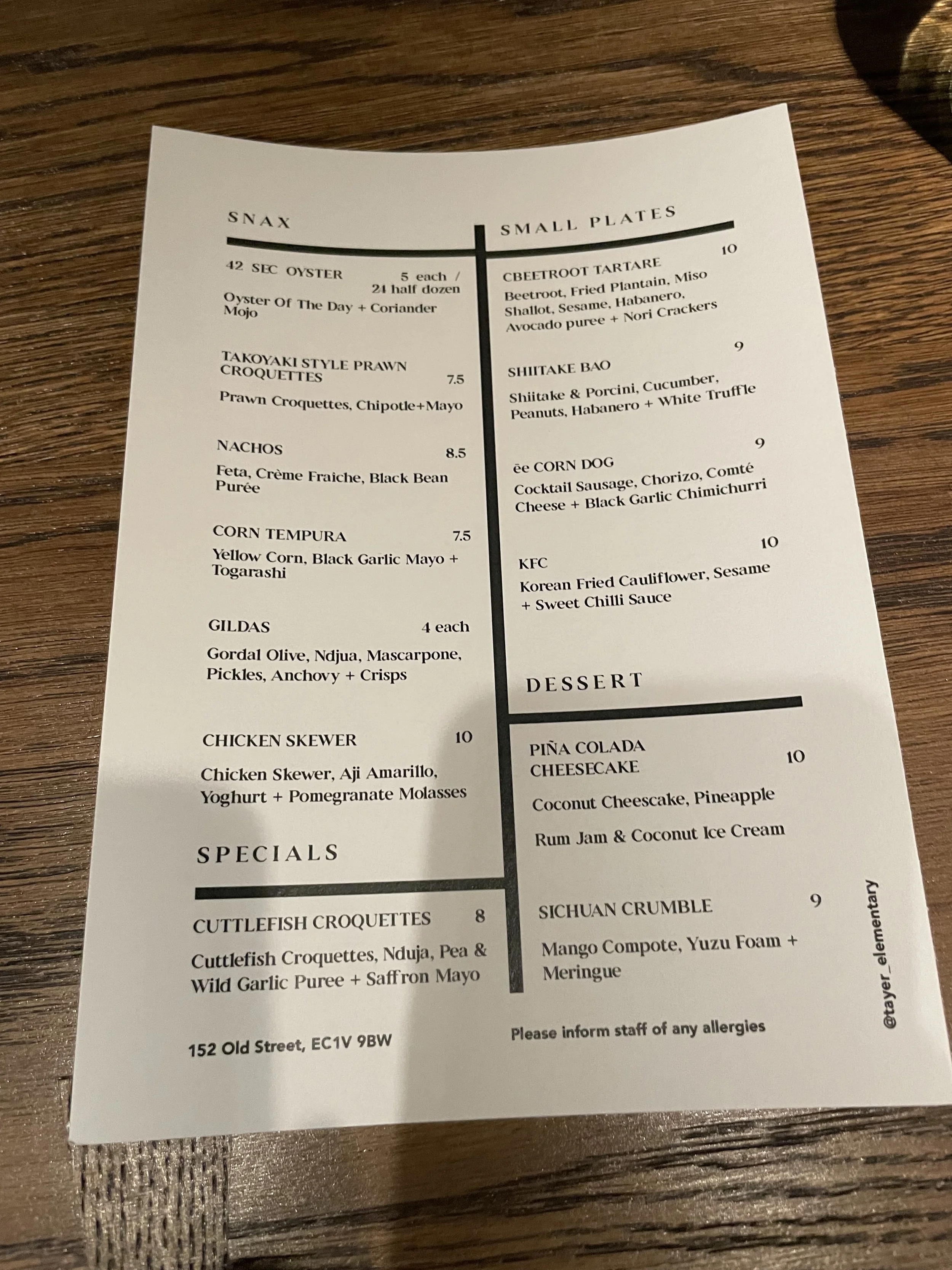 Small plates menu at Tayer + Elementary in London.