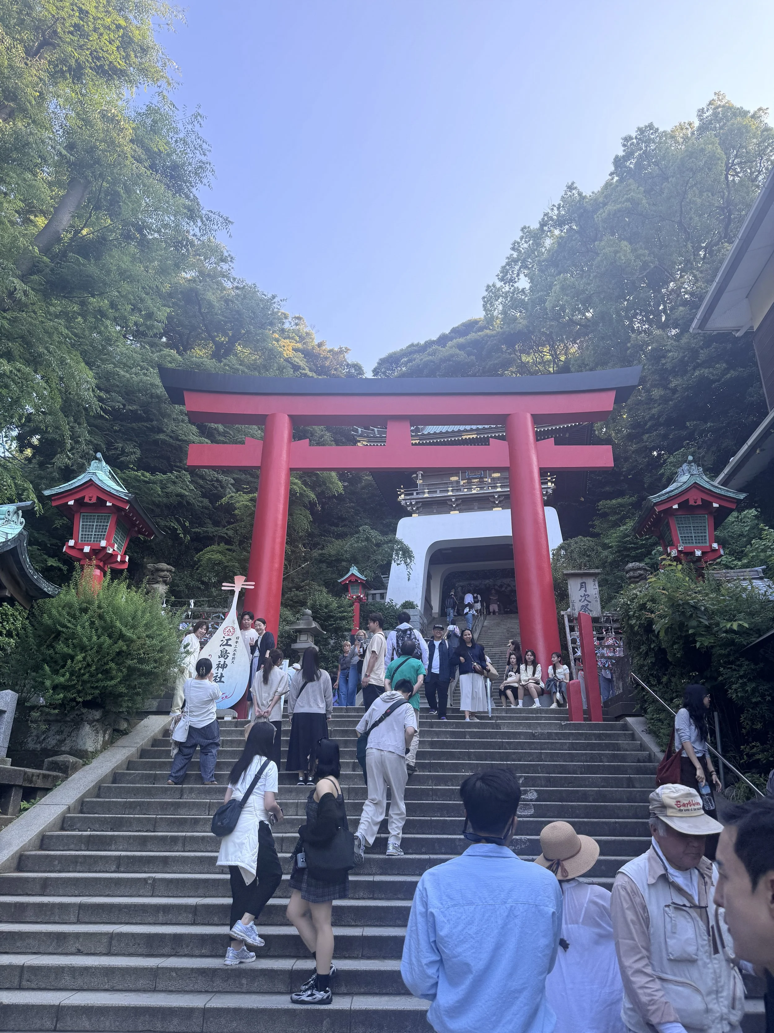 Red torii gate at Enoshima Shrine surrounded by forest