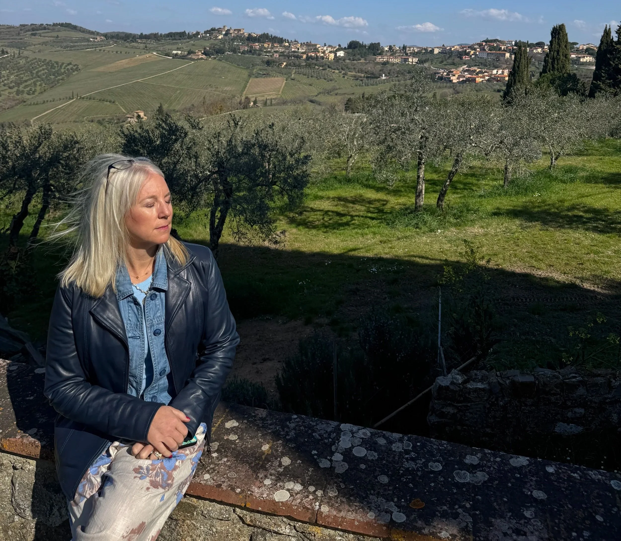 Scenic overlook of vineyards and Tuscan countryside in Chianti