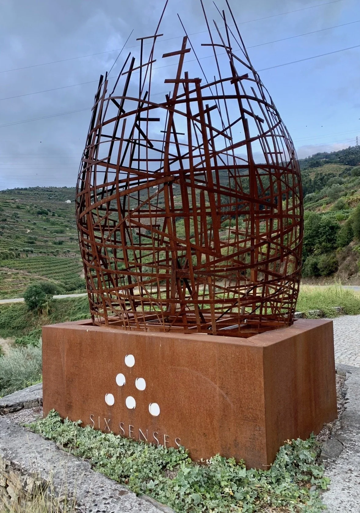 Six Senses Douro Valley entrance sculpture overlooking the vineyards