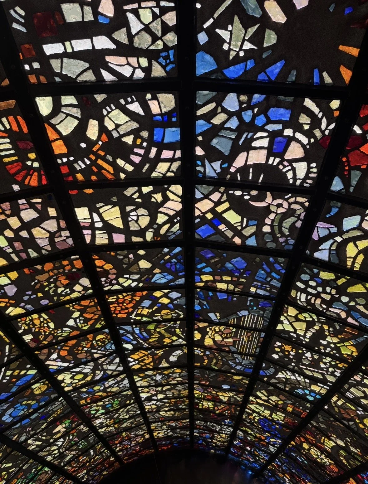 Stained glass ceiling inside the Symphonic Sculpture tower at Hakone Open-Air Museum